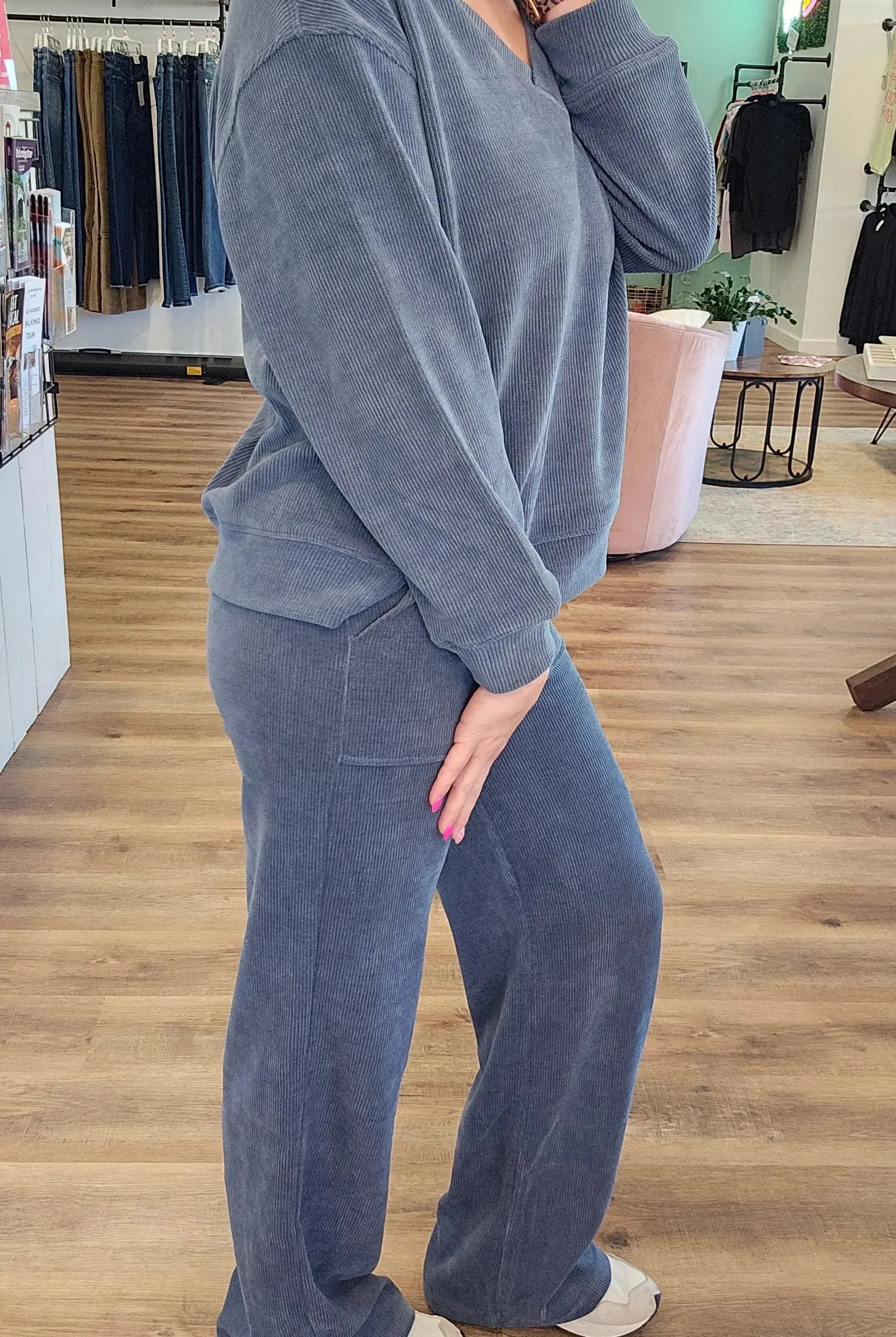 Shop Straight Leg Corded Pants - Denim- at Ruby Joy Boutique, a Women's Clothing Store in Pickerington, Ohio