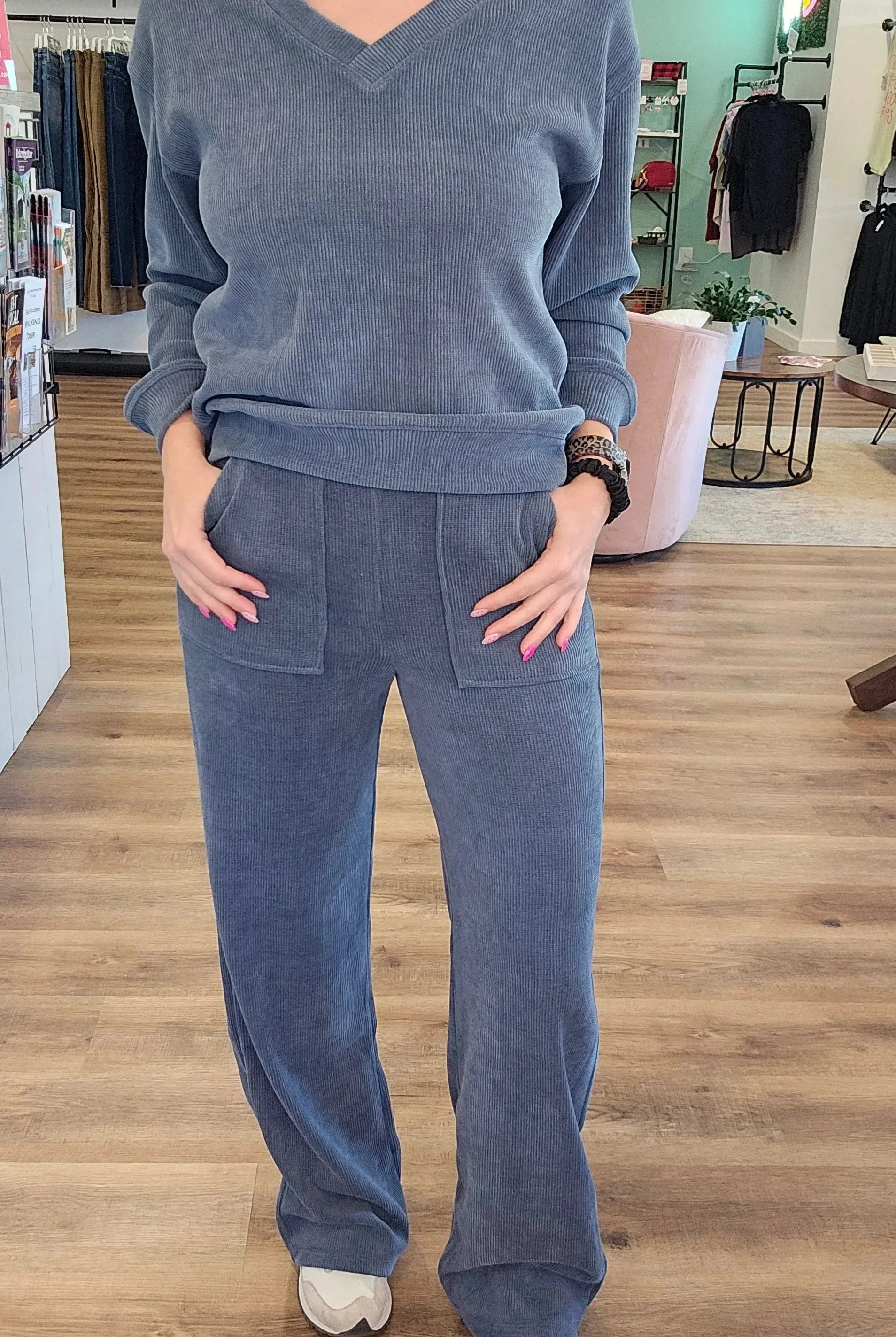 Shop Straight Leg Corded Pants - Denim- at Ruby Joy Boutique, a Women's Clothing Store in Pickerington, Ohio