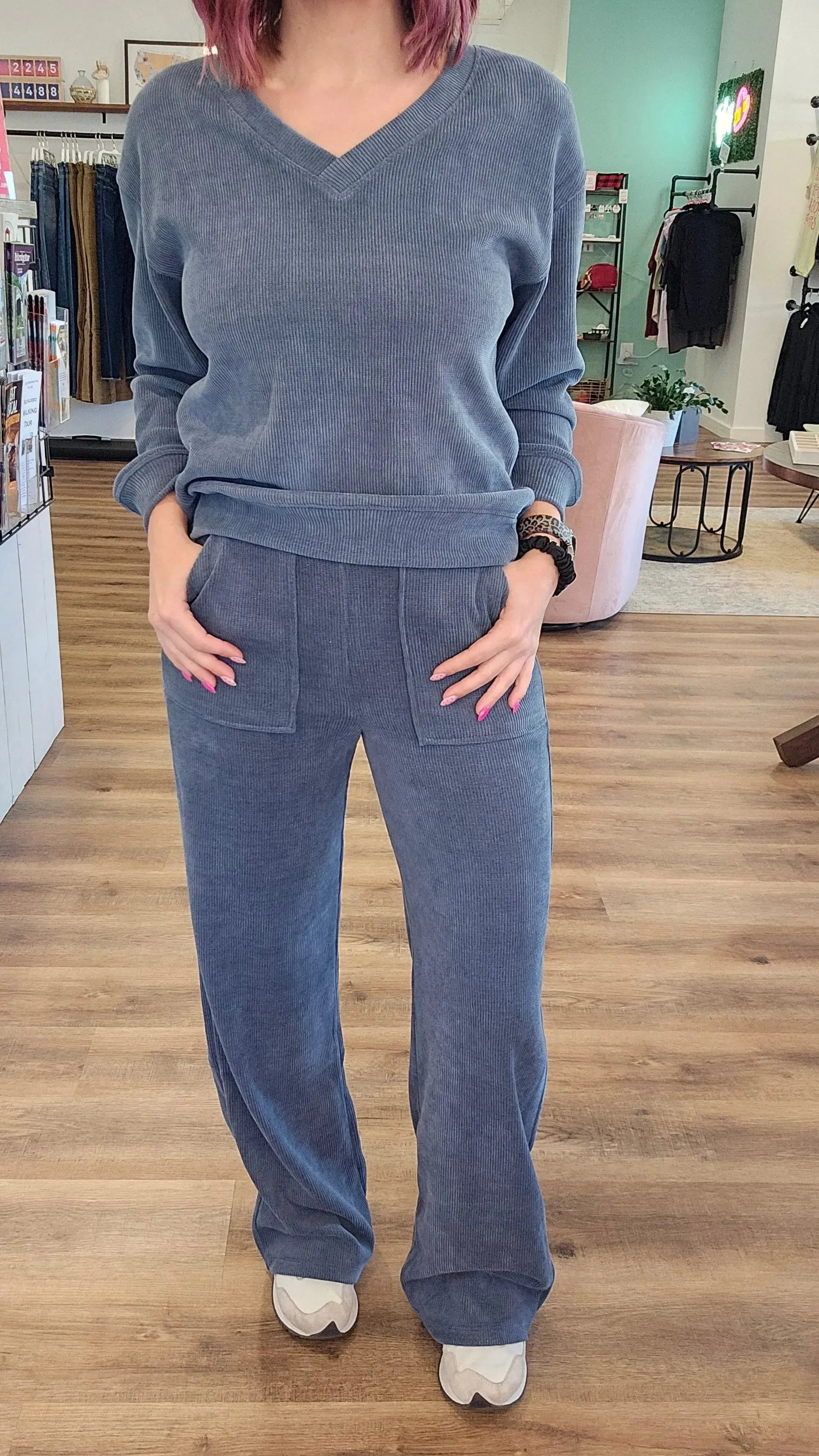 Shop Straight Leg Corded Pants - Denim- at Ruby Joy Boutique, a Women's Clothing Store in Pickerington, Ohio