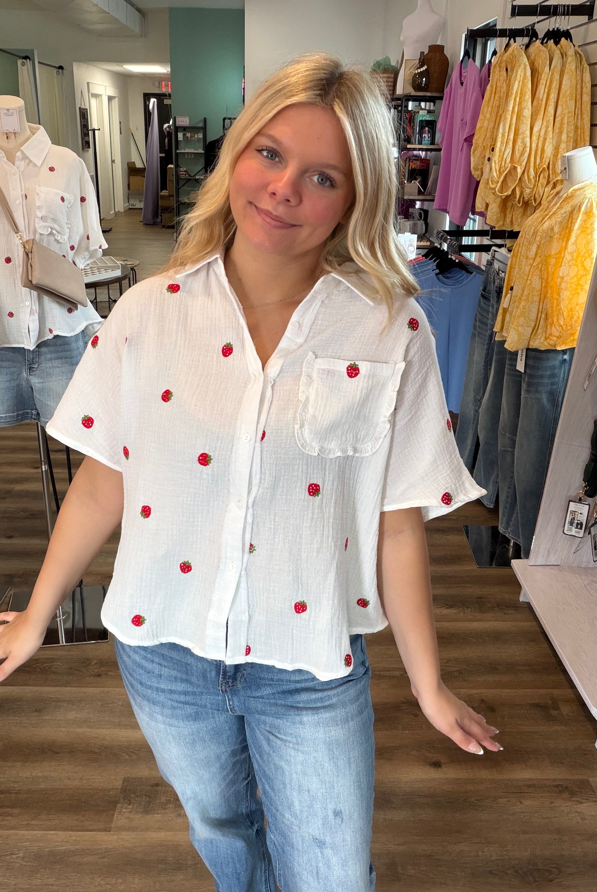 Shop Strawberry Embroidered Gauze Button-Down Shirt- at Ruby Joy Boutique, a Women's Clothing Store in Pickerington, Ohio