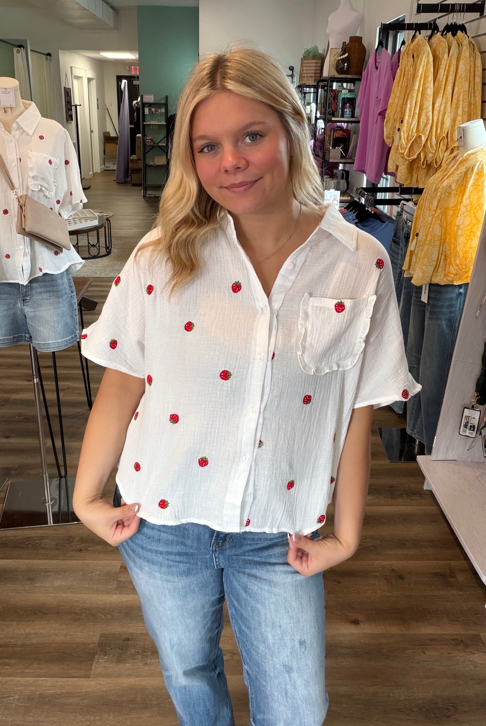 Shop Strawberry Embroidered Gauze Button-Down Shirt- at Ruby Joy Boutique, a Women's Clothing Store in Pickerington, Ohio