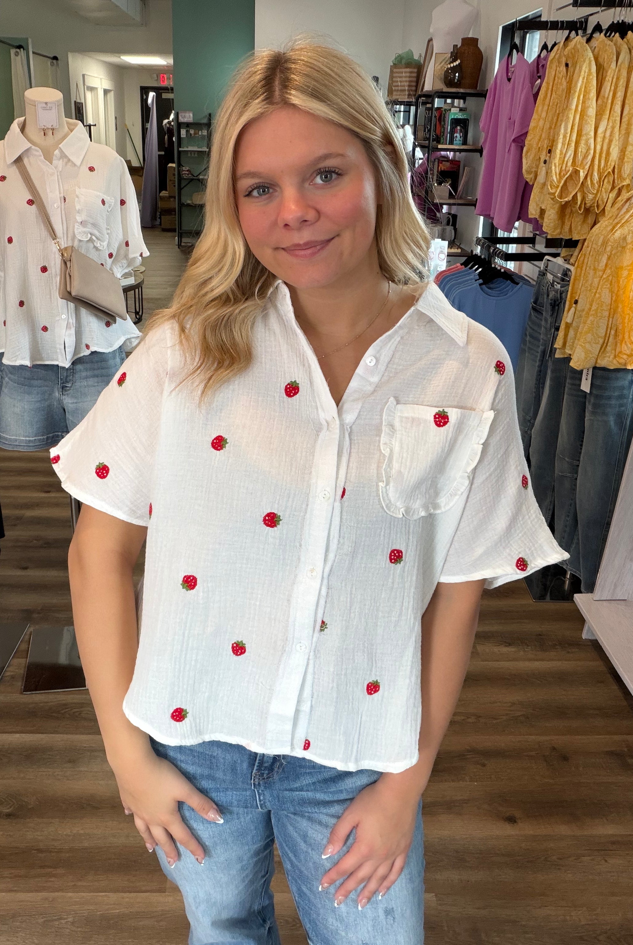 Shop Strawberry Embroidered Gauze Button-Down Shirt- at Ruby Joy Boutique, a Women's Clothing Store in Pickerington, Ohio