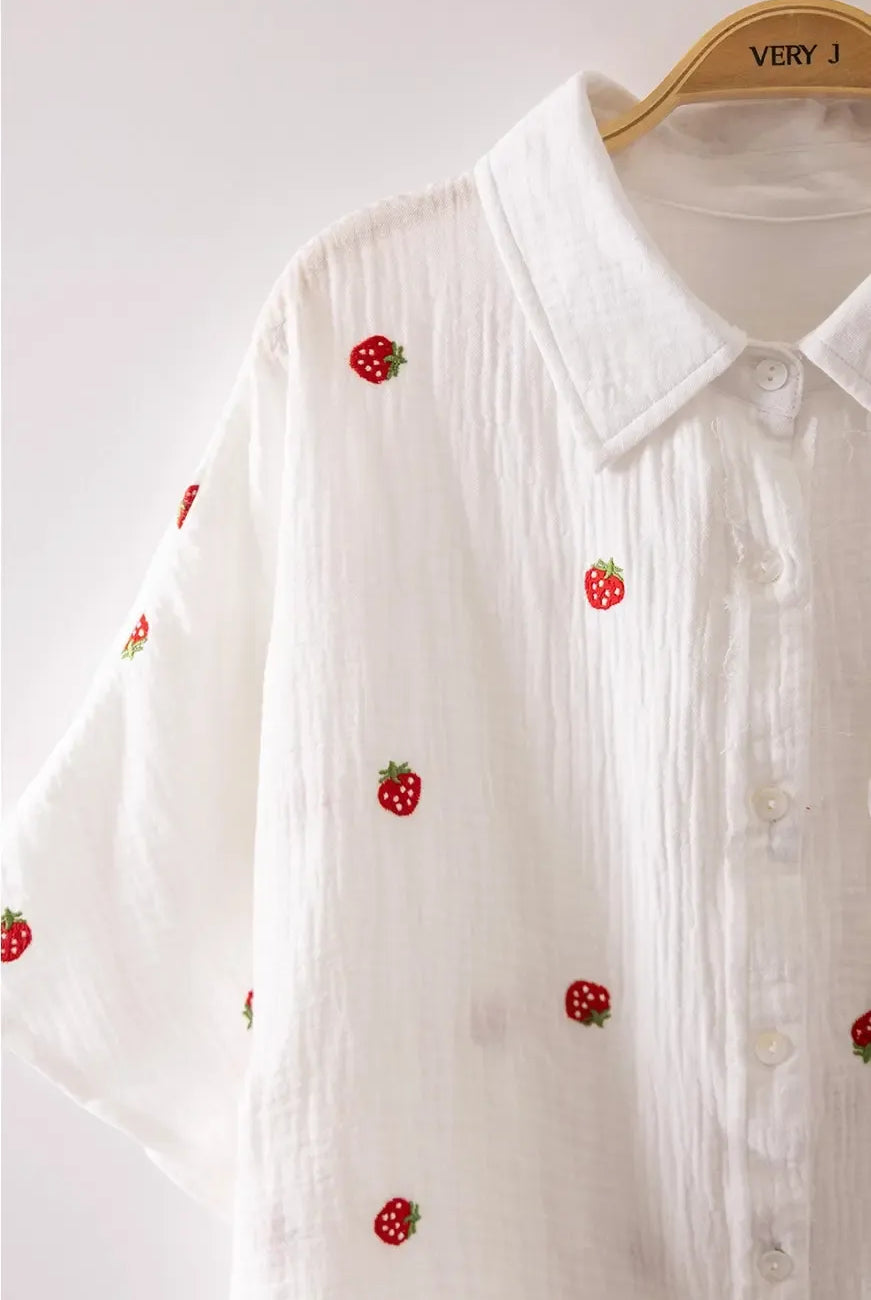 Shop Strawberry Embroidered Gauze Button-Down Shirt- at Ruby Joy Boutique, a Women's Clothing Store in Pickerington, Ohio