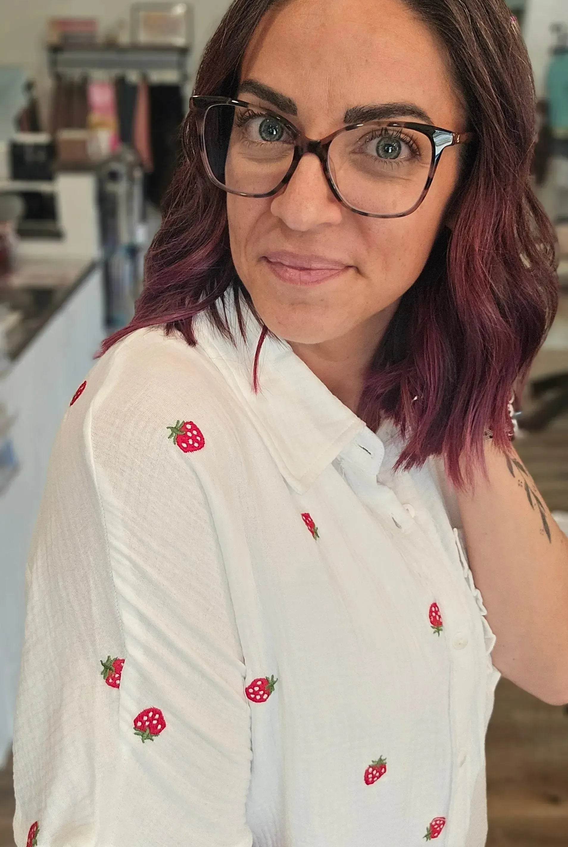 Shop Strawberry Embroidered Gauze Button-Down Shirt- at Ruby Joy Boutique, a Women's Clothing Store in Pickerington, Ohio