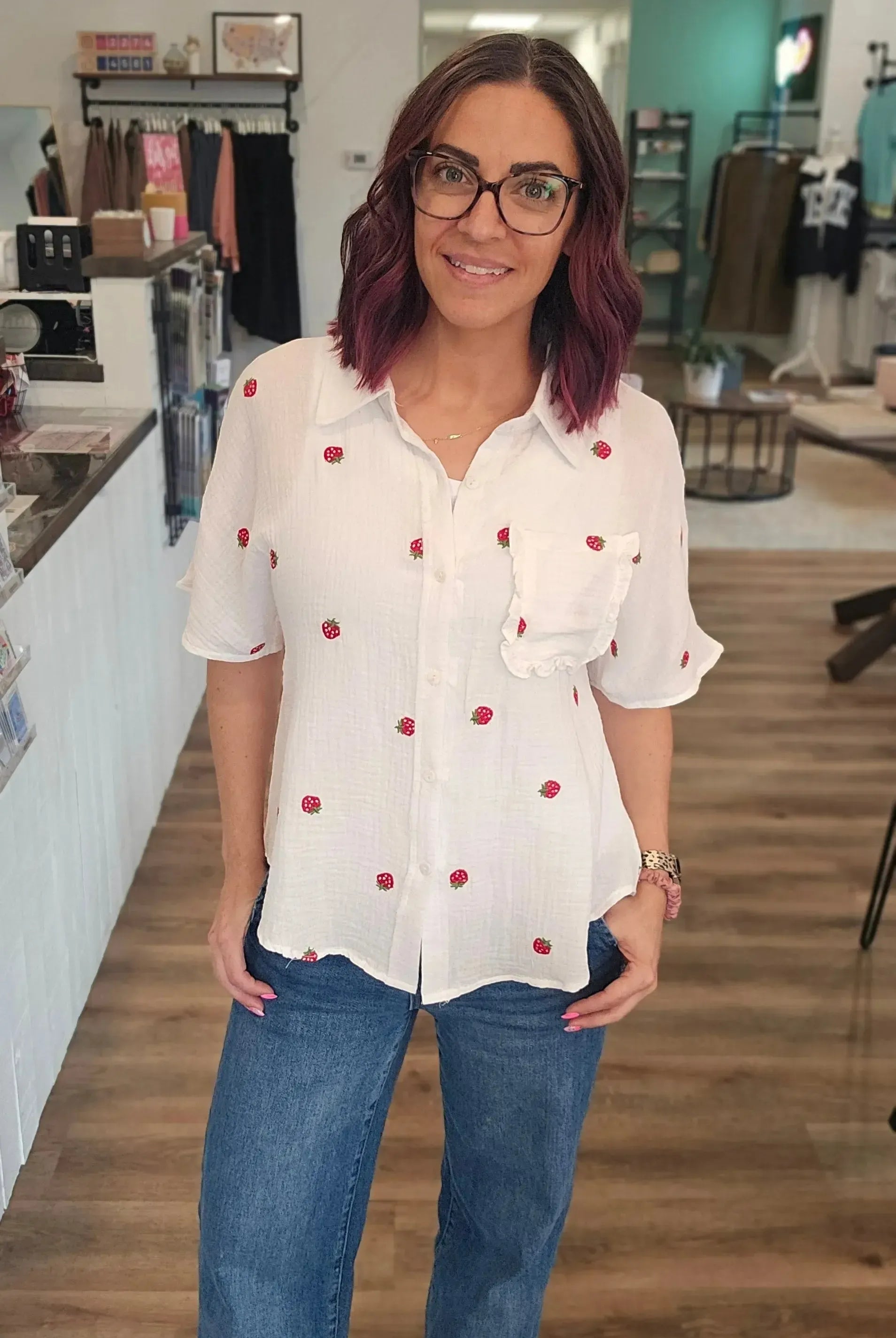 Shop Strawberry Embroidered Gauze Button-Down Shirt- at Ruby Joy Boutique, a Women's Clothing Store in Pickerington, Ohio