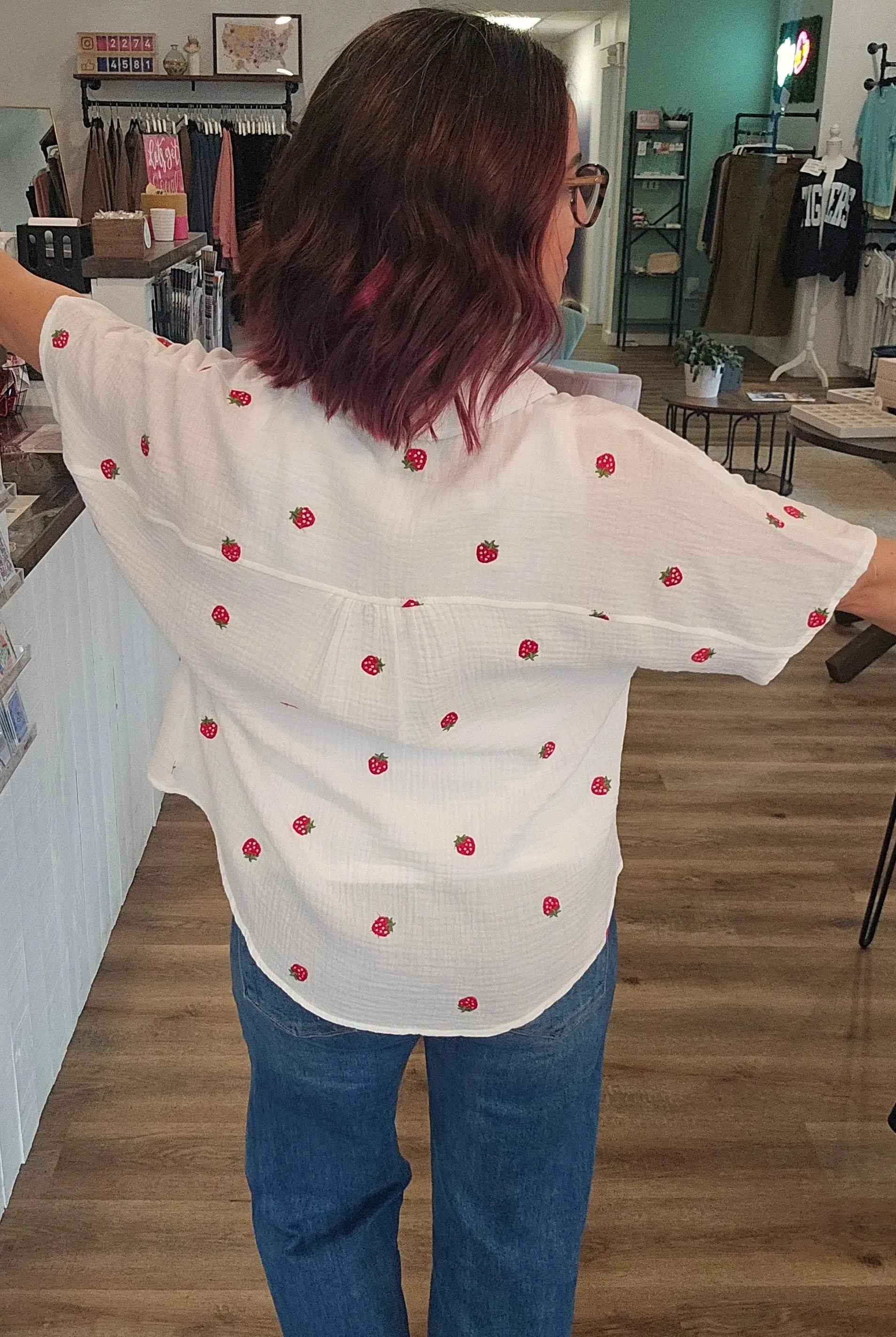 Shop Strawberry Embroidered Gauze Button-Down Shirt- at Ruby Joy Boutique, a Women's Clothing Store in Pickerington, Ohio