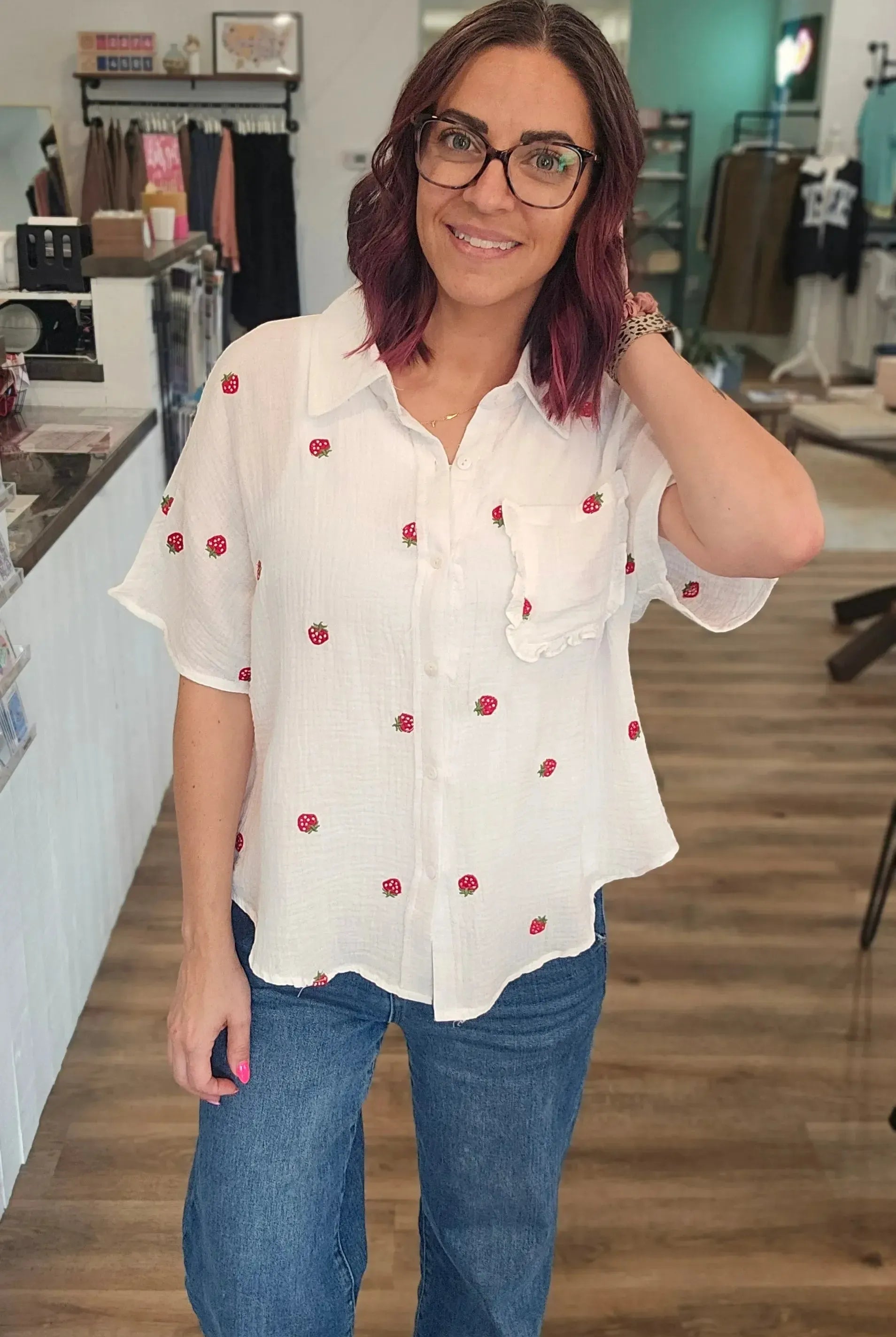 Shop Strawberry Embroidered Gauze Button-Down Shirt- at Ruby Joy Boutique, a Women's Clothing Store in Pickerington, Ohio