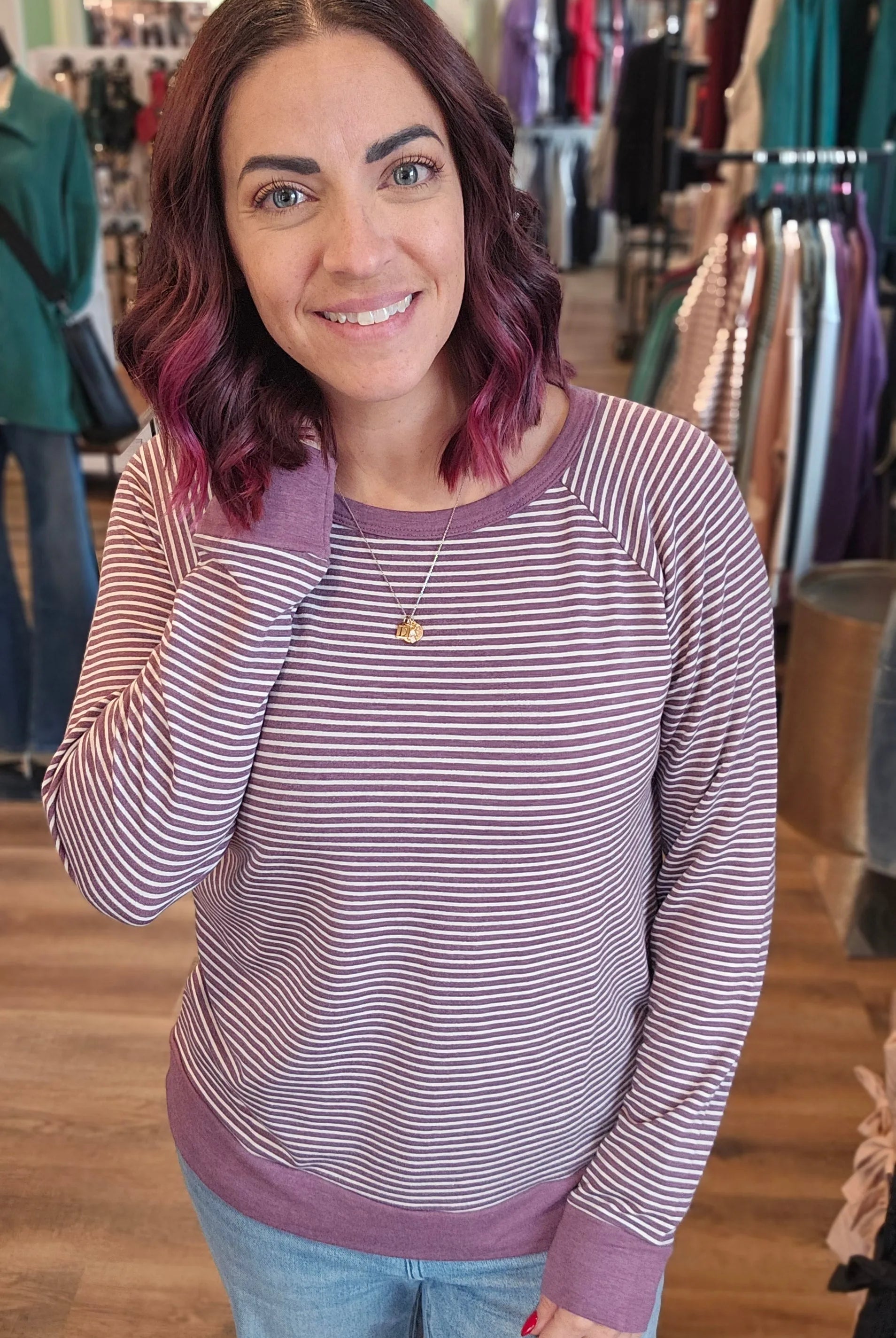 Shop Striped Raglan Sleeve Top - Light Plum- at Ruby Joy Boutique, a Women's Clothing Store in Pickerington, Ohio