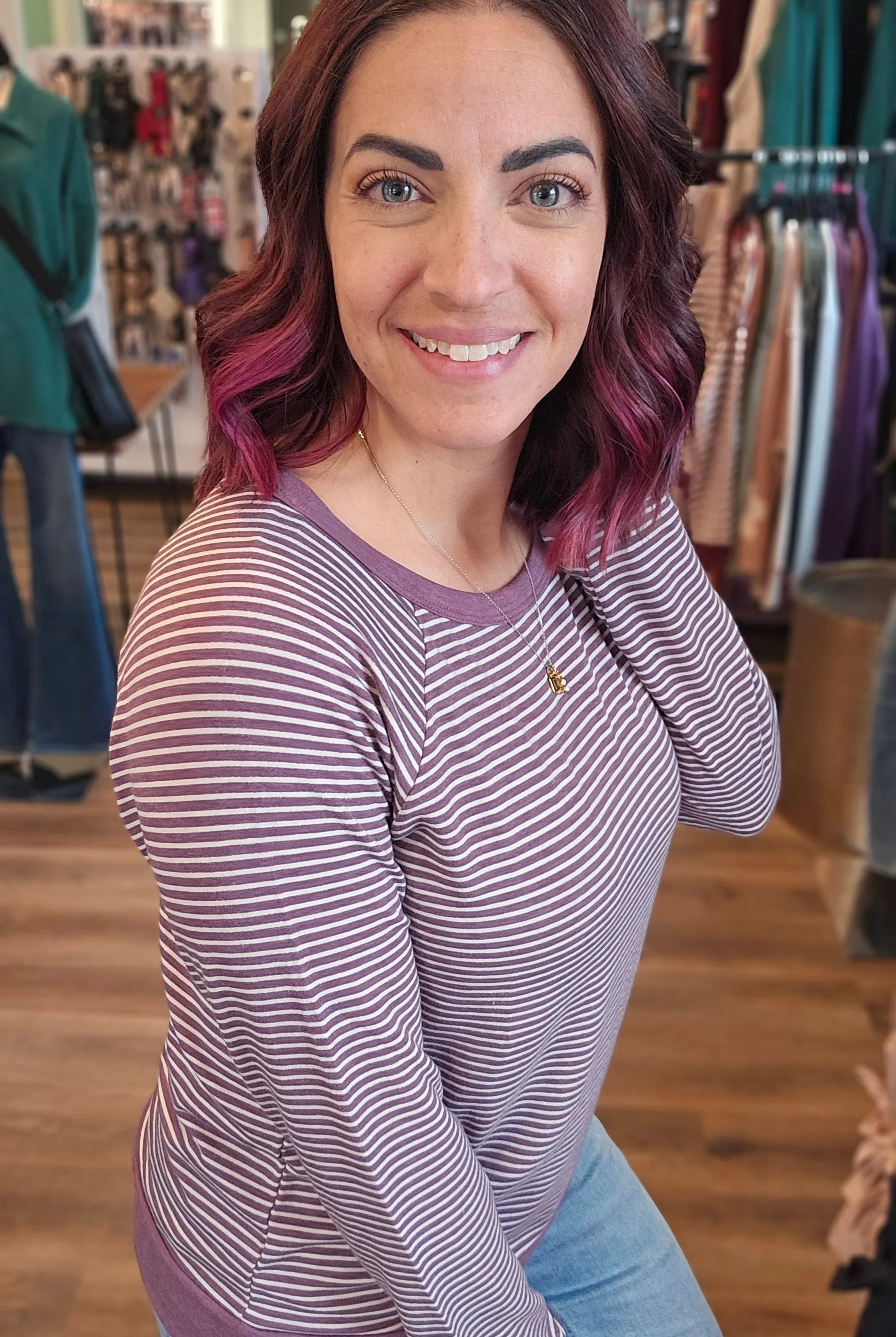 Shop Striped Raglan Sleeve Top - Light Plum- at Ruby Joy Boutique, a Women's Clothing Store in Pickerington, Ohio