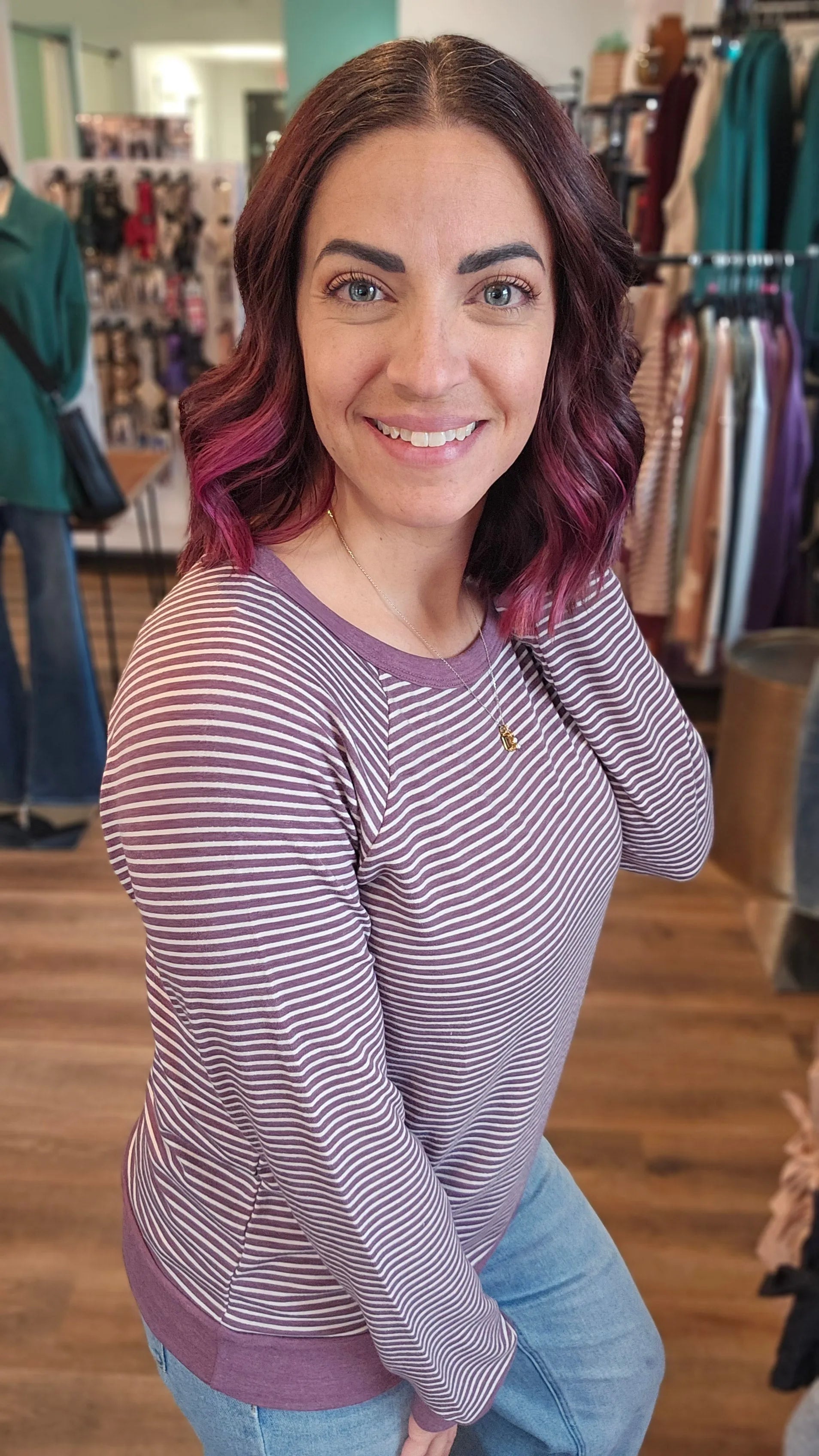 Shop Striped Raglan Sleeve Top - Light Plum- at Ruby Joy Boutique, a Women's Clothing Store in Pickerington, Ohio