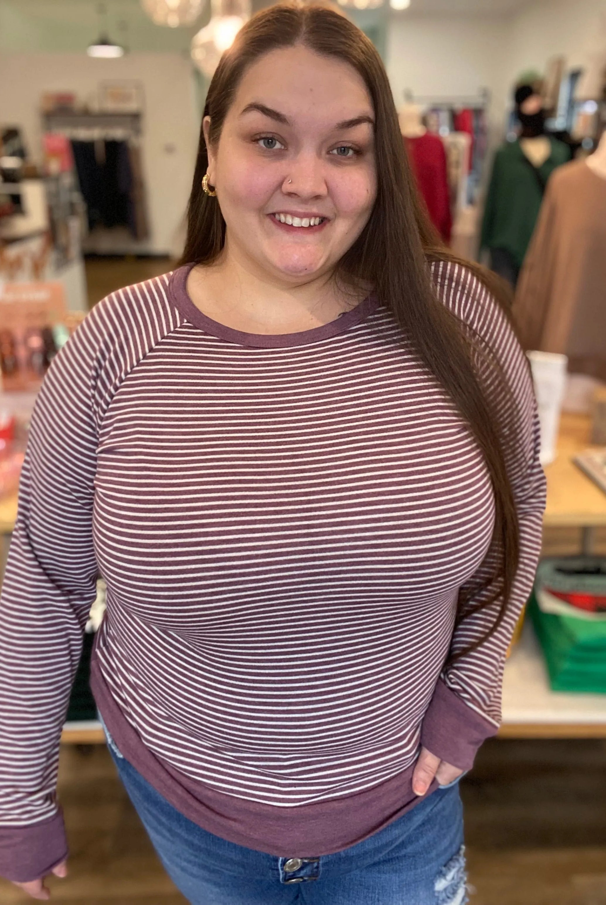 Shop Striped Raglan Sleeve Top - Light Plum- at Ruby Joy Boutique, a Women's Clothing Store in Pickerington, Ohio