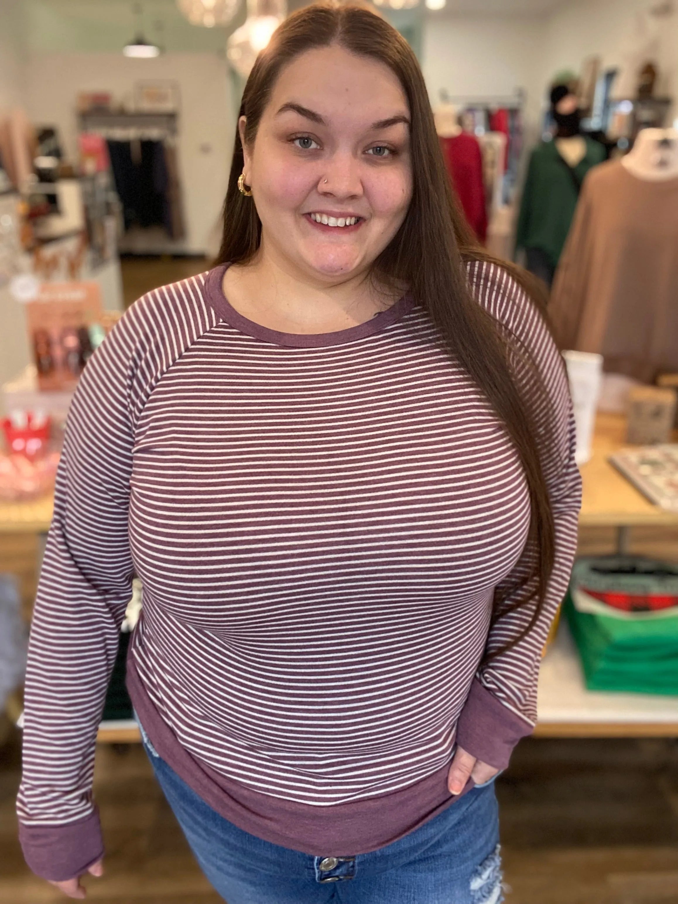 Shop Striped Raglan Sleeve Top - Light Plum- at Ruby Joy Boutique, a Women's Clothing Store in Pickerington, Ohio