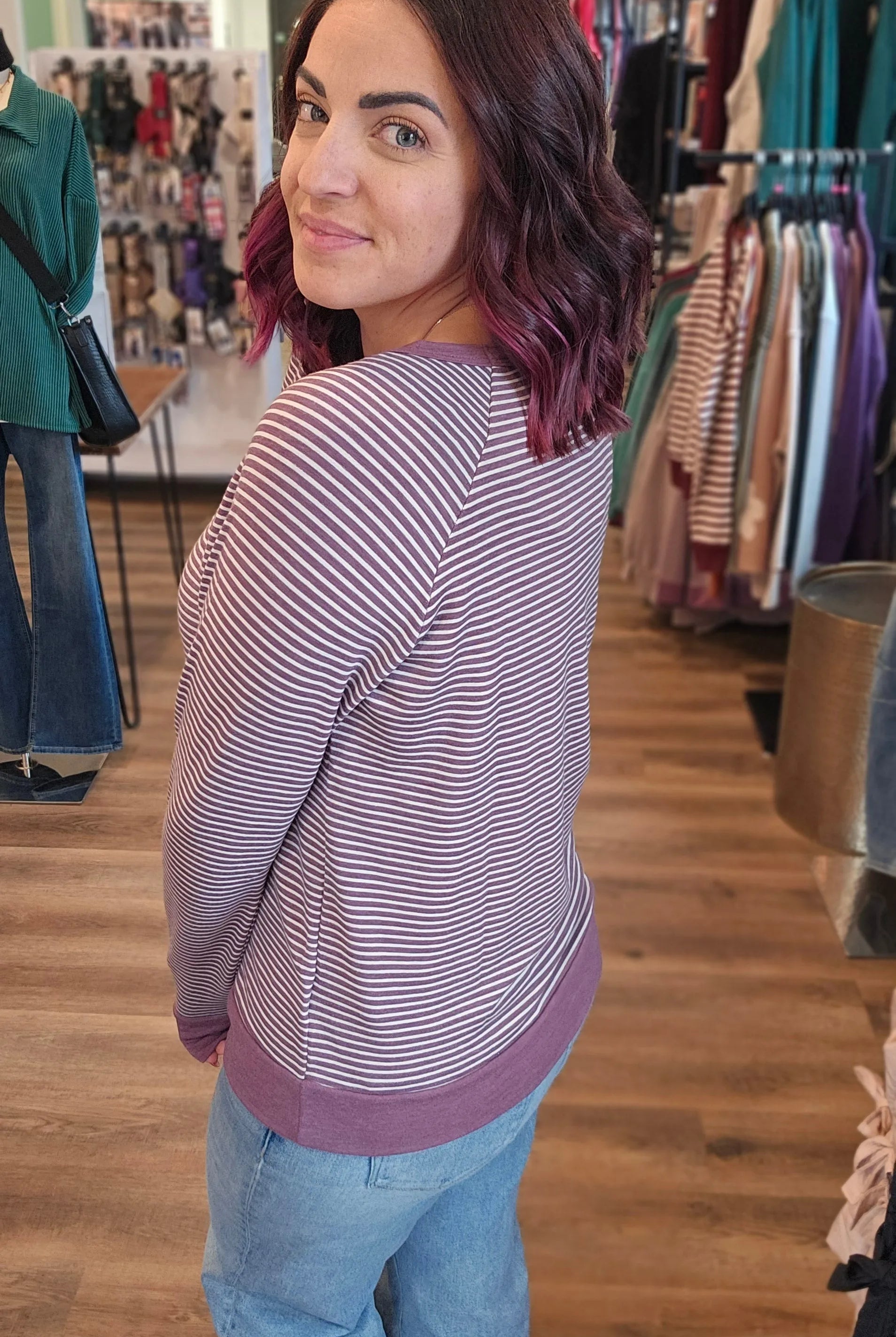 Shop Striped Raglan Sleeve Top - Light Plum- at Ruby Joy Boutique, a Women's Clothing Store in Pickerington, Ohio