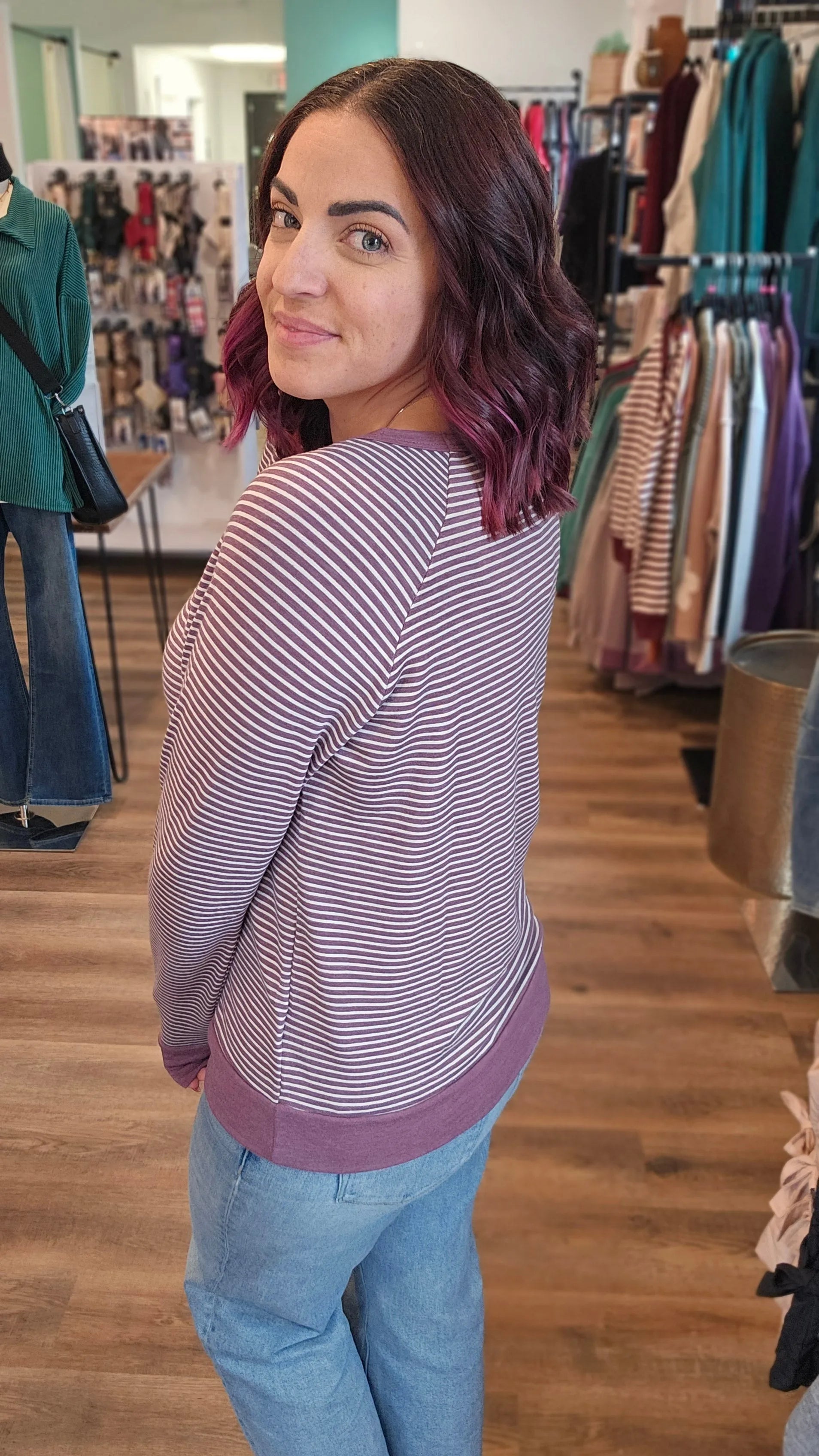Shop Striped Raglan Sleeve Top - Light Plum- at Ruby Joy Boutique, a Women's Clothing Store in Pickerington, Ohio