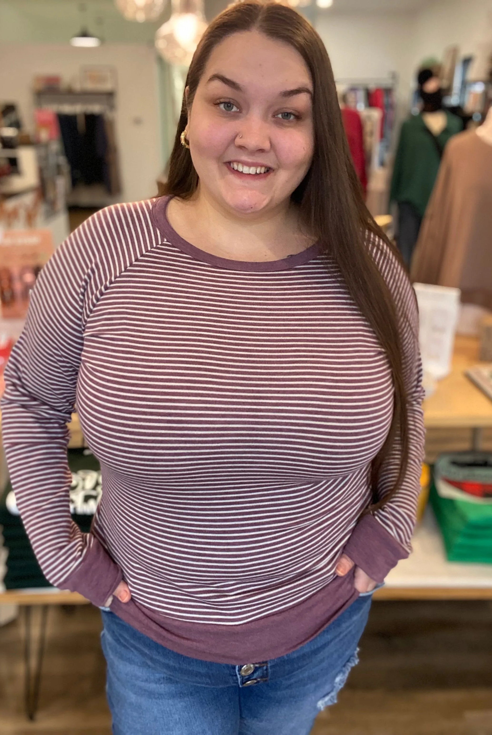 Shop Striped Raglan Sleeve Top - Light Plum- at Ruby Joy Boutique, a Women's Clothing Store in Pickerington, Ohio
