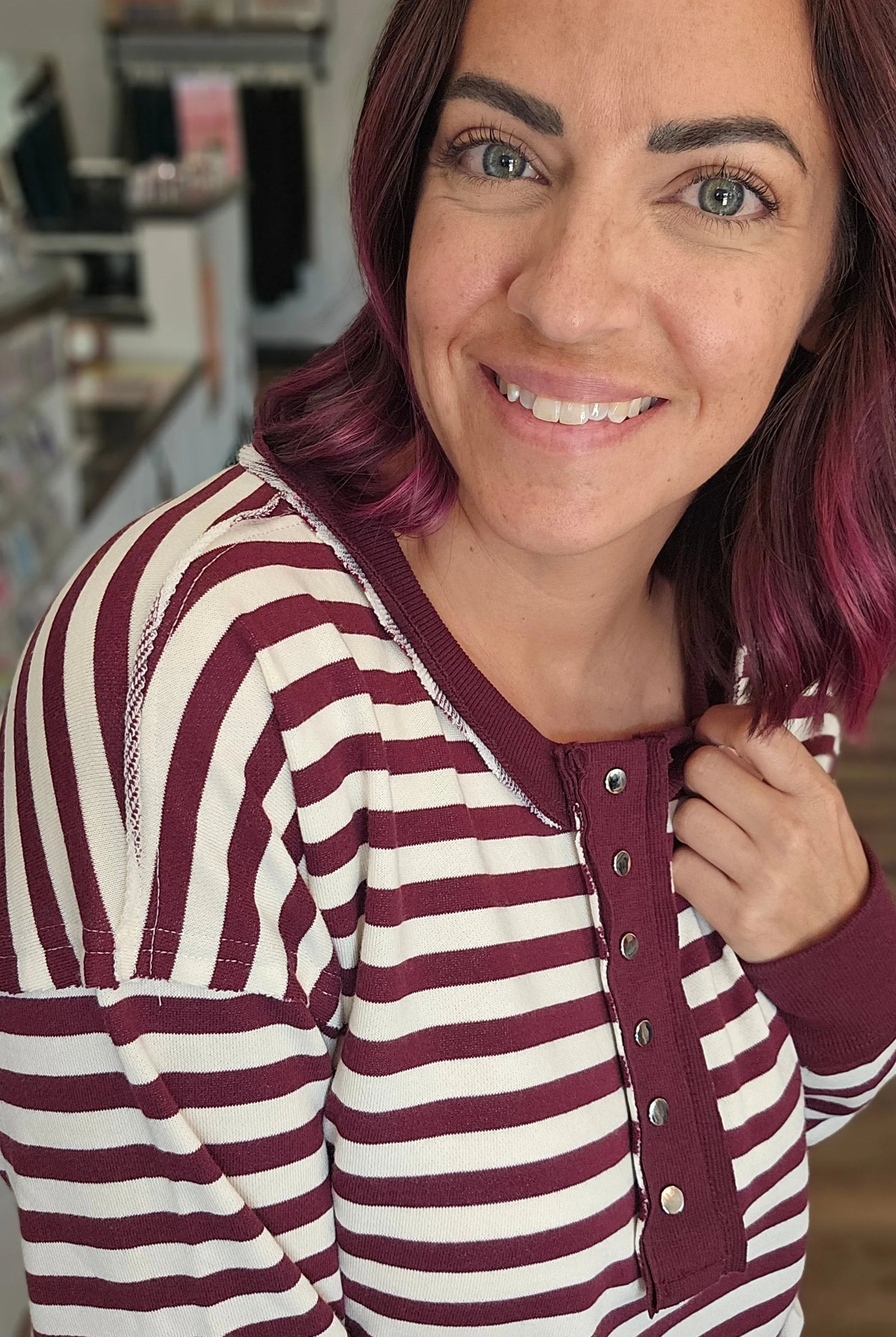 Shop Striped Snap Henley - Burgundy- at Ruby Joy Boutique, a Women's Clothing Store in Pickerington, Ohio