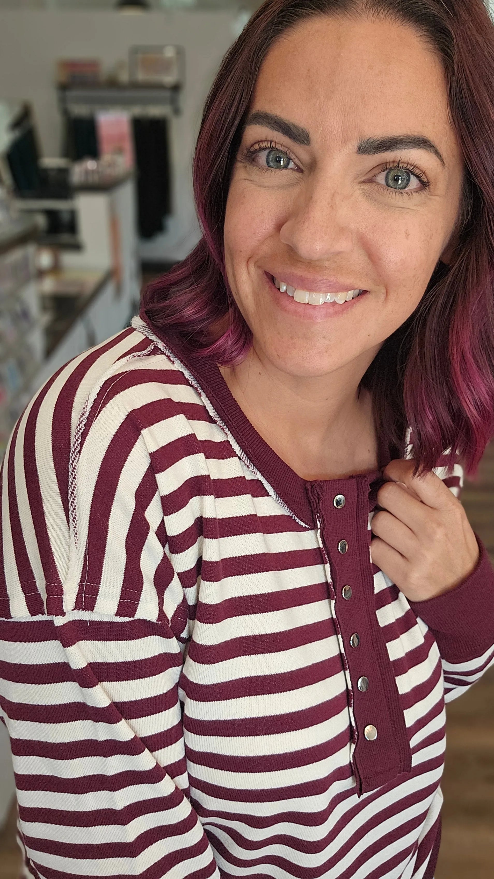 Shop Striped Snap Henley - Burgundy- at Ruby Joy Boutique, a Women's Clothing Store in Pickerington, Ohio