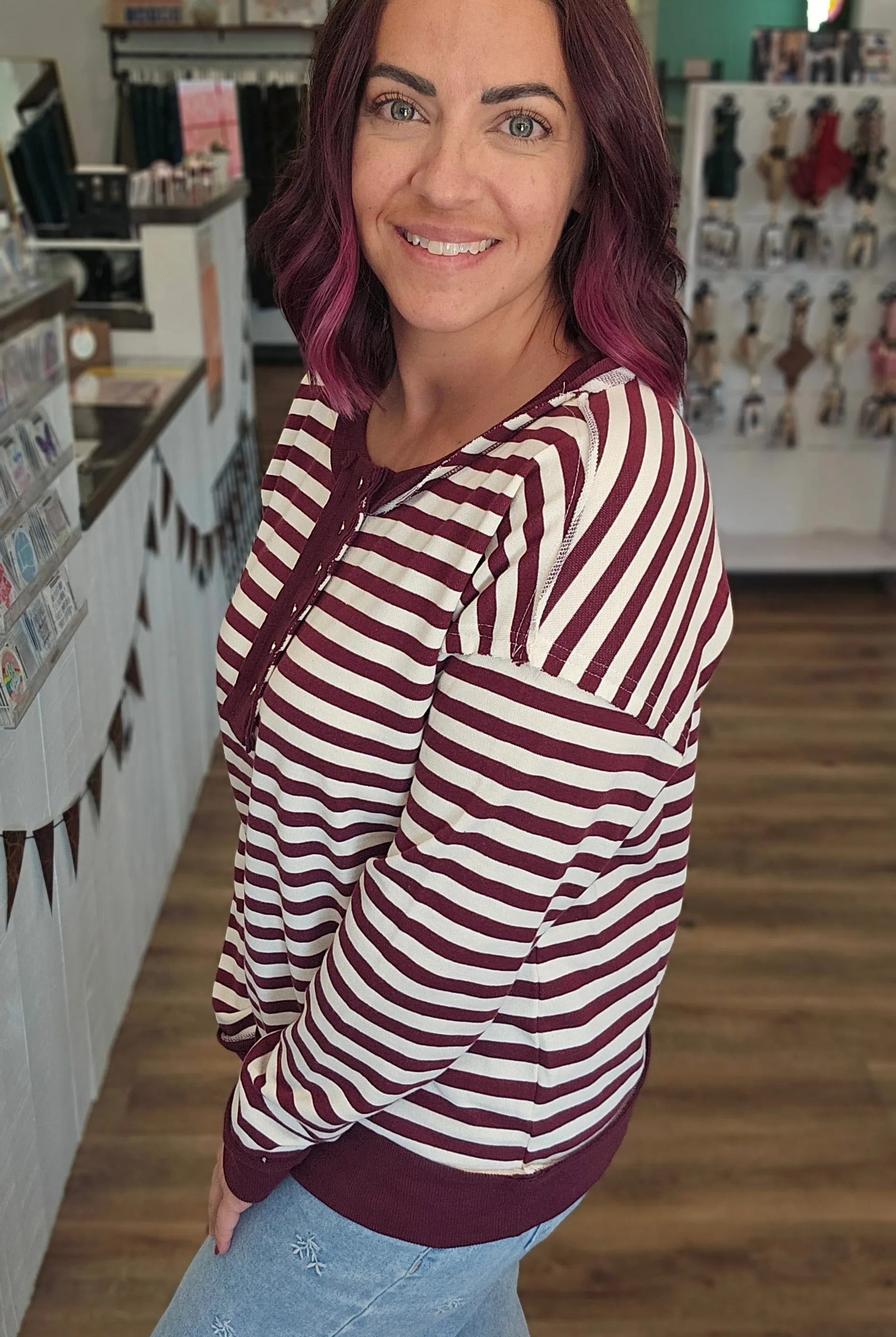 Shop Striped Snap Henley - Burgundy- at Ruby Joy Boutique, a Women's Clothing Store in Pickerington, Ohio