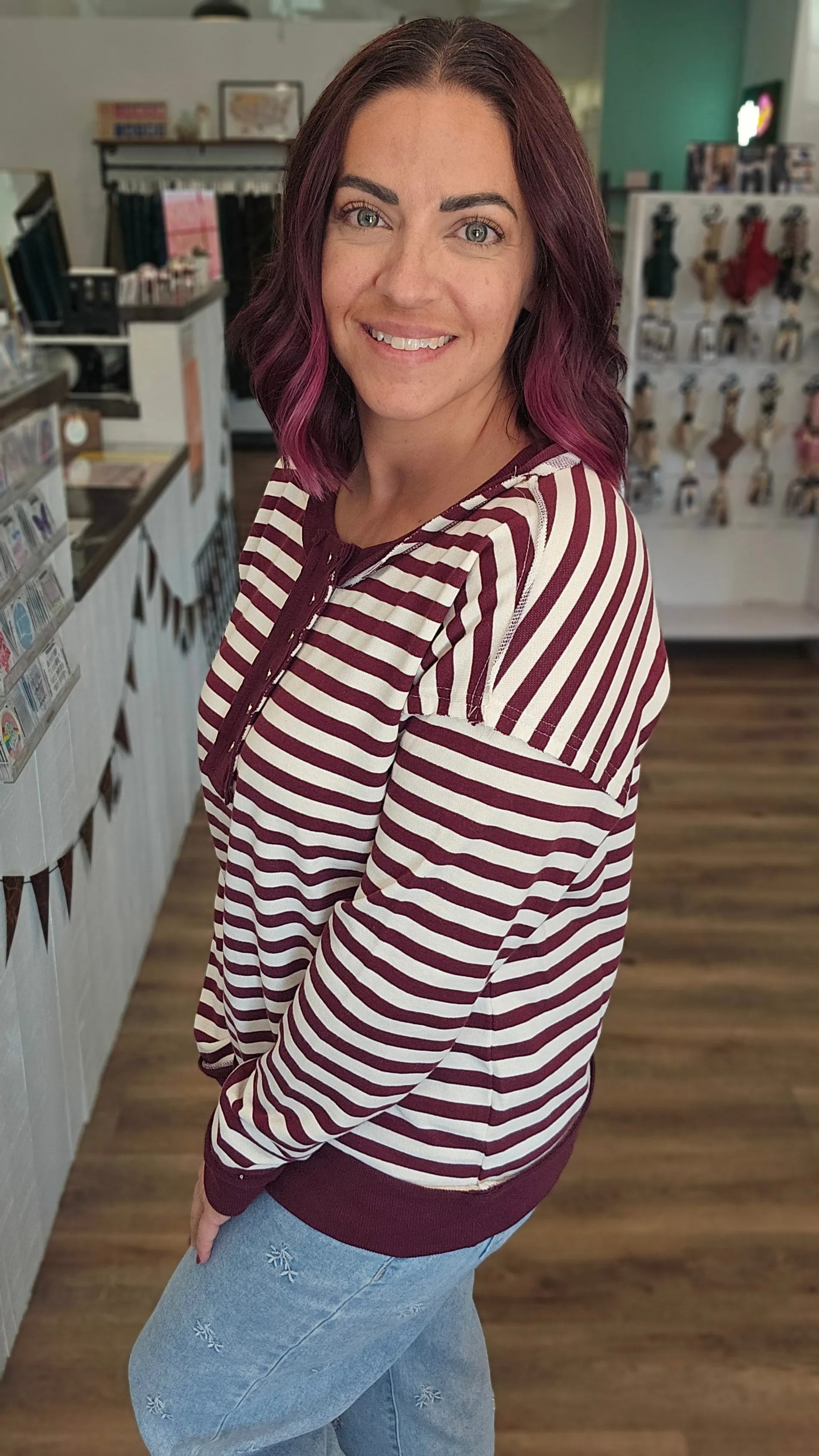 Shop Striped Snap Henley - Burgundy- at Ruby Joy Boutique, a Women's Clothing Store in Pickerington, Ohio