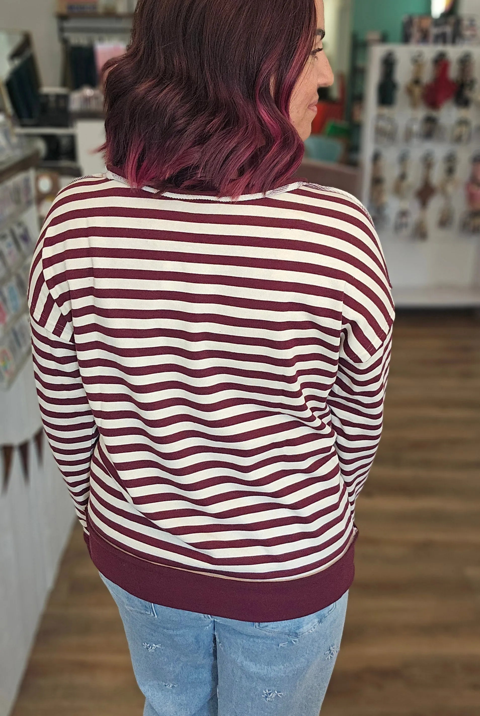 Shop Striped Snap Henley - Burgundy- at Ruby Joy Boutique, a Women's Clothing Store in Pickerington, Ohio