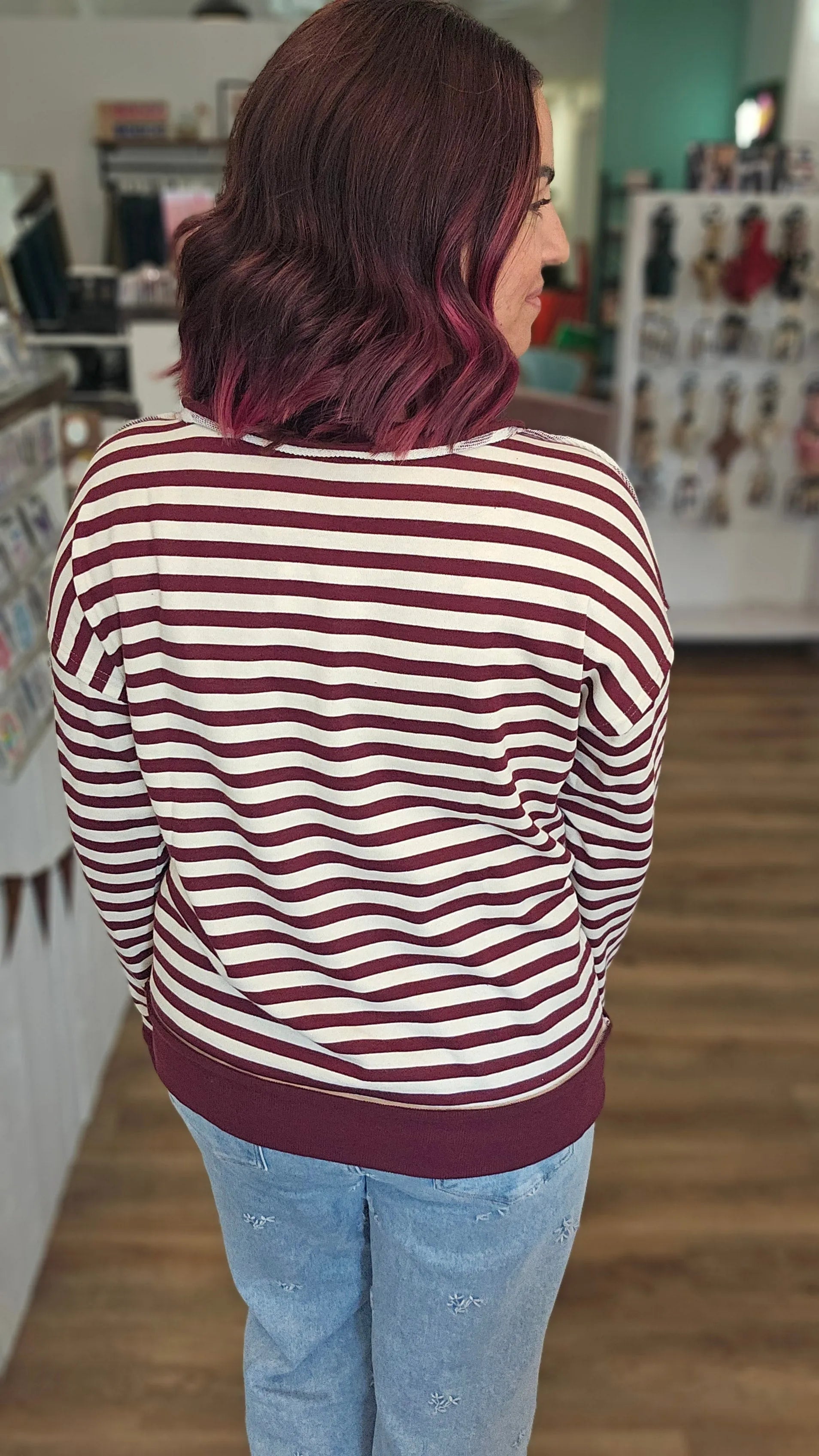 Shop Striped Snap Henley - Burgundy- at Ruby Joy Boutique, a Women's Clothing Store in Pickerington, Ohio