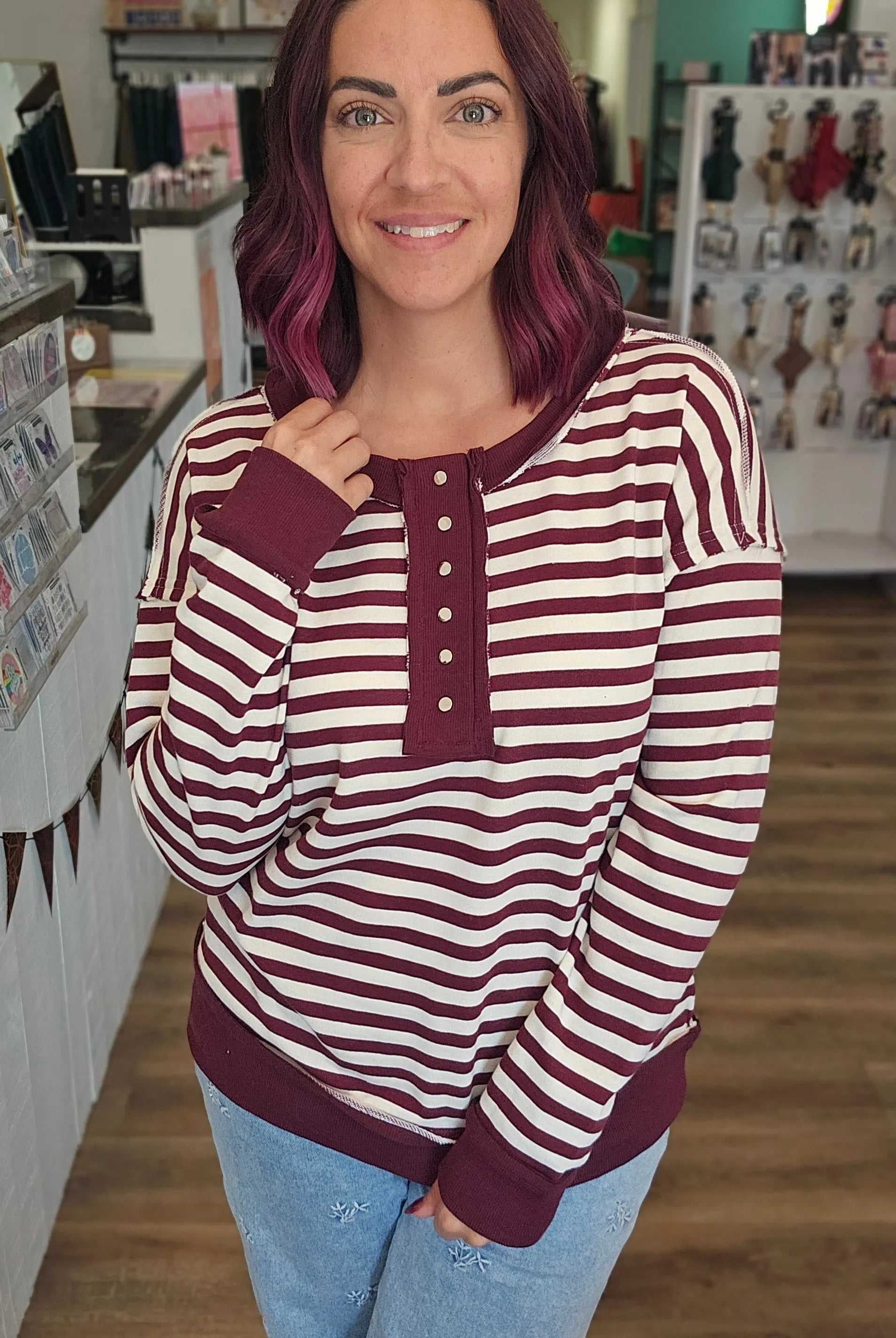 Shop Striped Snap Henley - Burgundy- at Ruby Joy Boutique, a Women's Clothing Store in Pickerington, Ohio