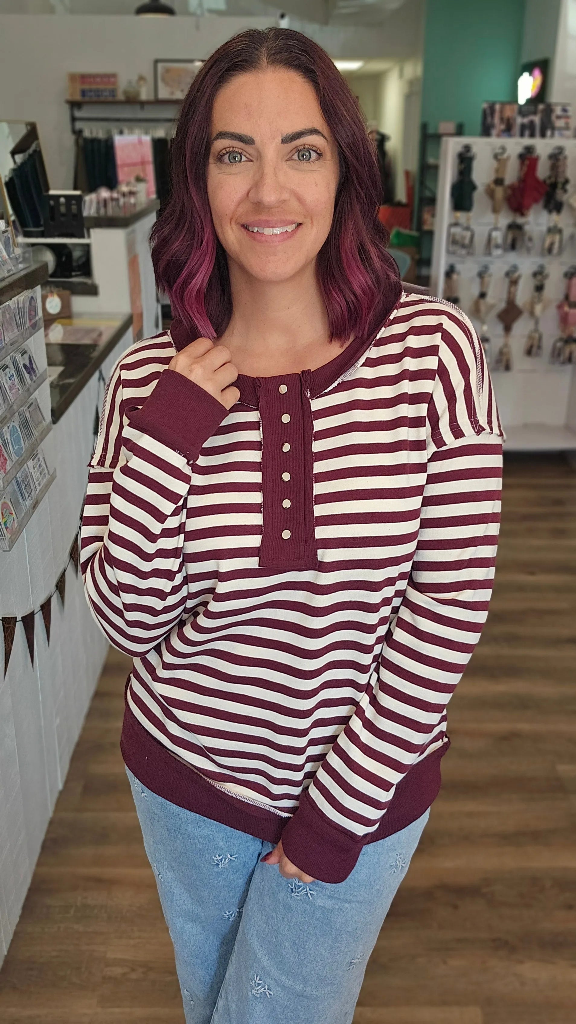 Shop Striped Snap Henley - Burgundy- at Ruby Joy Boutique, a Women's Clothing Store in Pickerington, Ohio