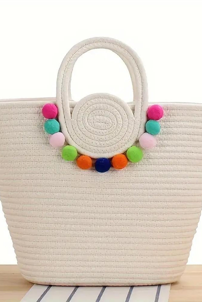 Shop Summer Tote Bag With Colorful Poms-Bag at Ruby Joy Boutique, a Women's Clothing Store in Pickerington, Ohio