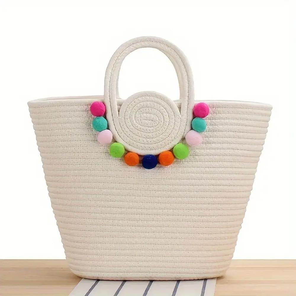 Shop Summer Tote Bag With Colorful Poms-Bag at Ruby Joy Boutique, a Women's Clothing Store in Pickerington, Ohio