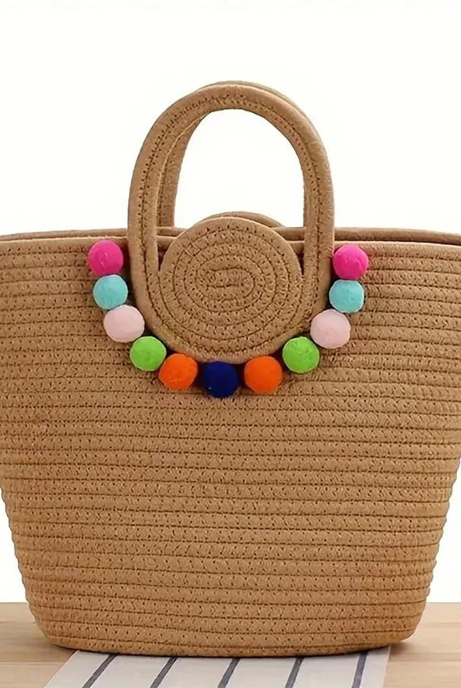 Shop Summer Tote Bag With Colorful Poms-Bag at Ruby Joy Boutique, a Women's Clothing Store in Pickerington, Ohio