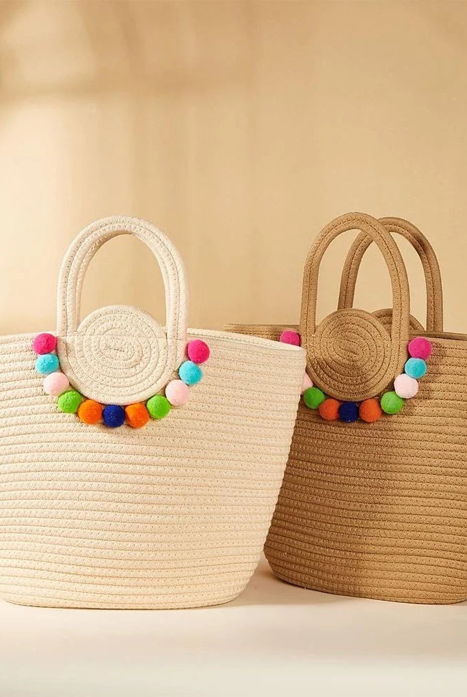 Shop Summer Tote Bag With Colorful Poms-Bag at Ruby Joy Boutique, a Women's Clothing Store in Pickerington, Ohio