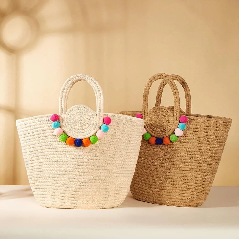 Shop Summer Tote Bag With Colorful Poms-Bag at Ruby Joy Boutique, a Women's Clothing Store in Pickerington, Ohio