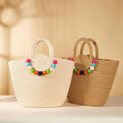 Shop Summer Tote Bag With Colorful Poms-Bag at Ruby Joy Boutique, a Women's Clothing Store in Pickerington, Ohio
