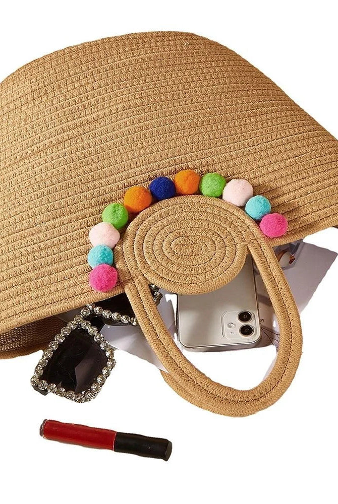 Shop Summer Tote Bag With Colorful Poms-Bag at Ruby Joy Boutique, a Women's Clothing Store in Pickerington, Ohio