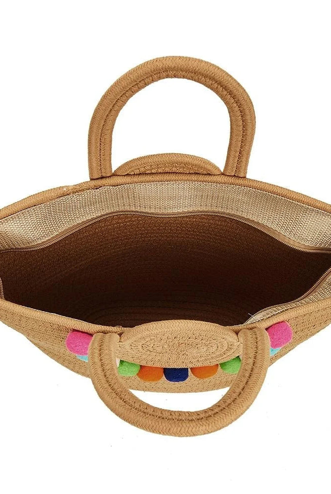 Shop Summer Tote Bag With Colorful Poms-Bag at Ruby Joy Boutique, a Women's Clothing Store in Pickerington, Ohio