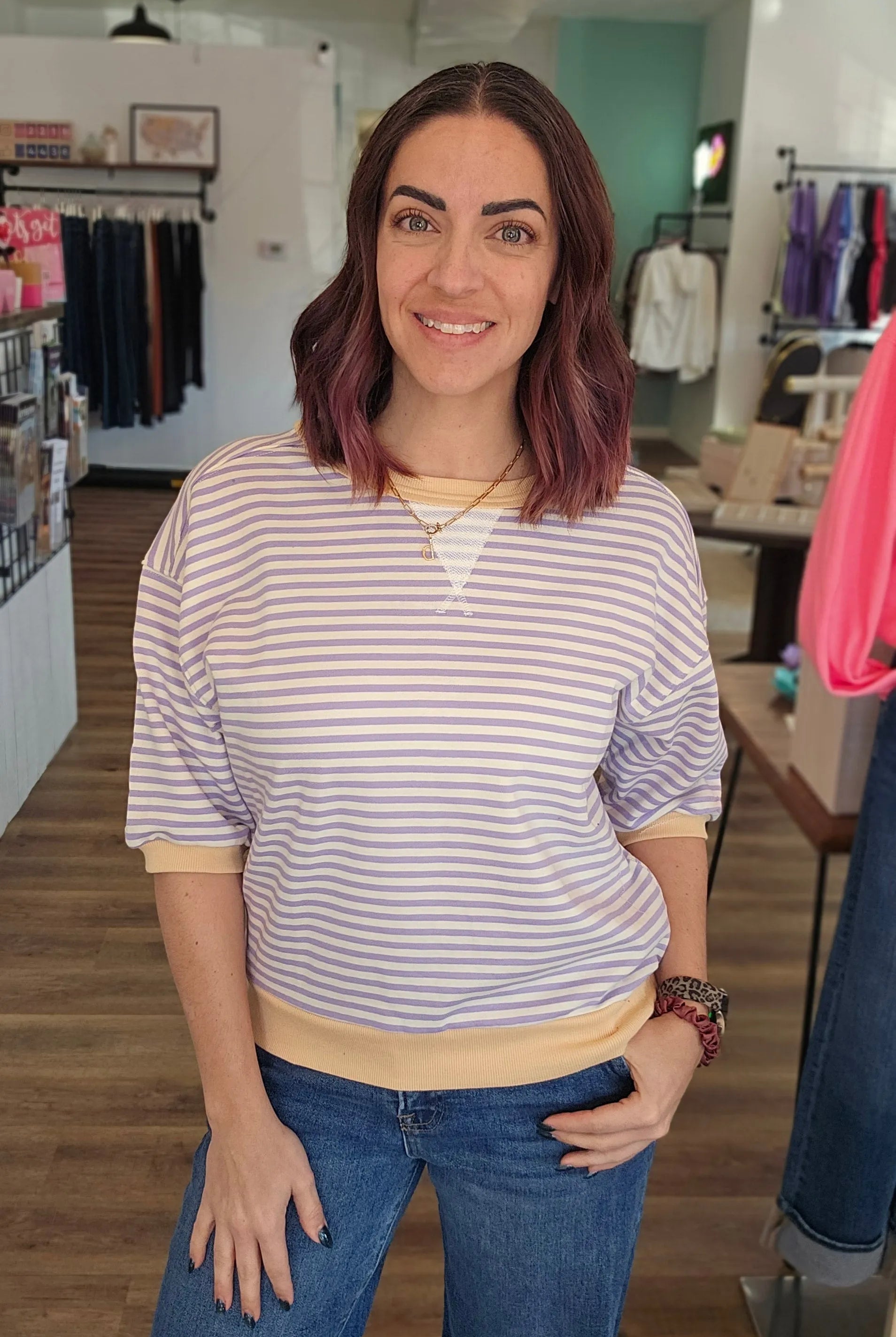 Shop Sunny Days Striped Tee - Lavender and Butter- at Ruby Joy Boutique, a Women's Clothing Store in Pickerington, Ohio