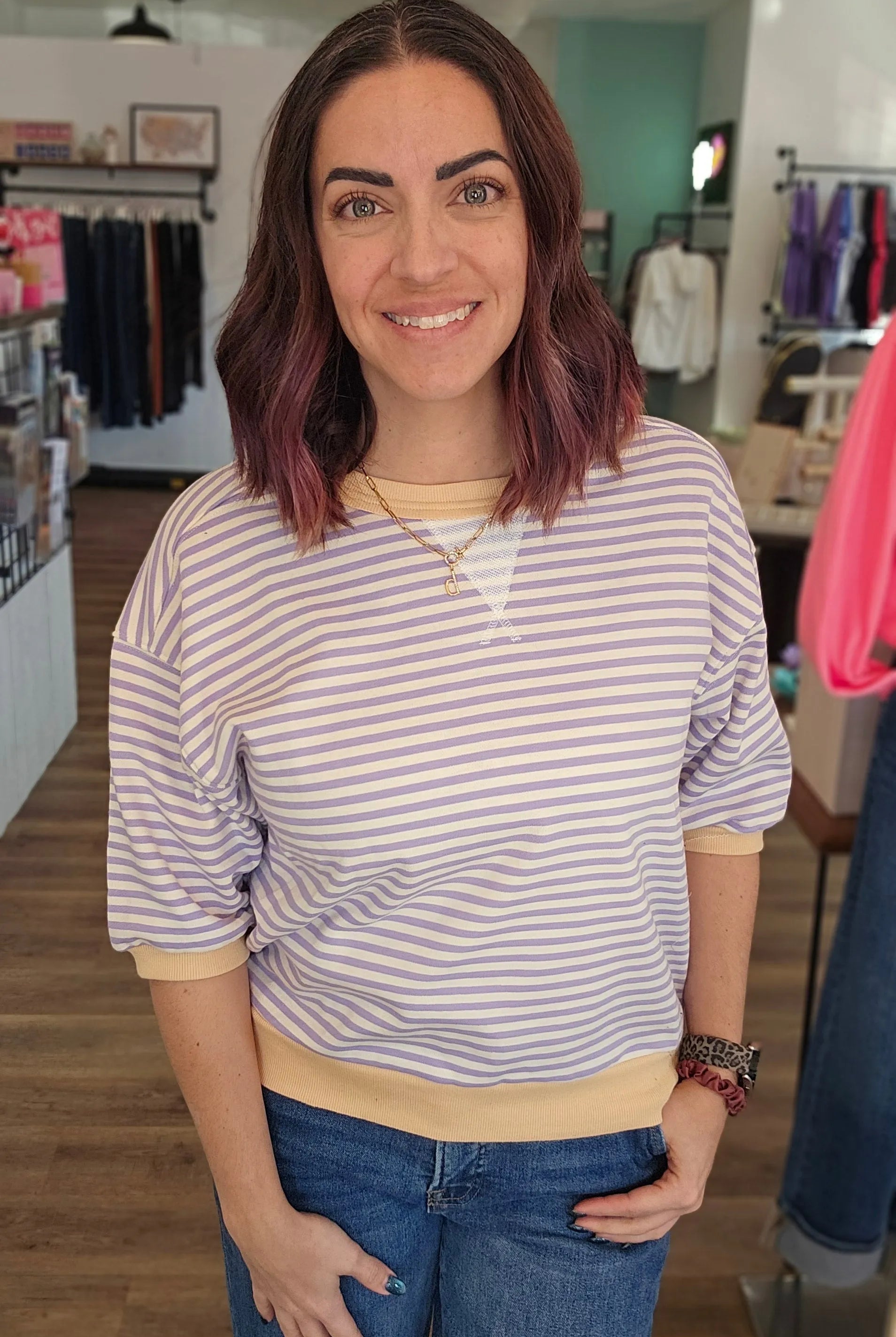 Shop Sunny Days Striped Tee - Lavender and Butter- at Ruby Joy Boutique, a Women's Clothing Store in Pickerington, Ohio