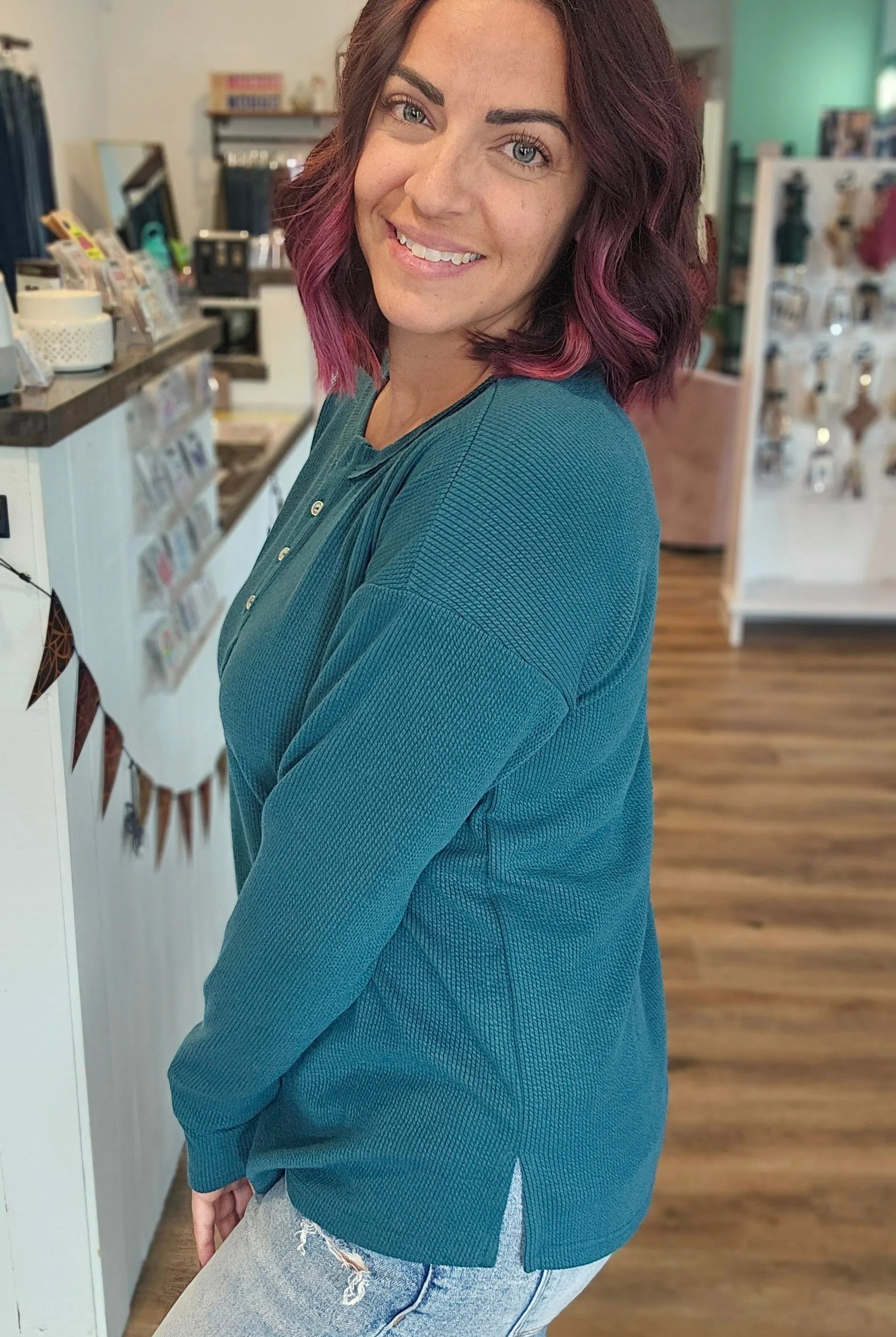 Shop Textured Henley Pullover Top - Deep Teal- at Ruby Joy Boutique, a Women's Clothing Store in Pickerington, Ohio