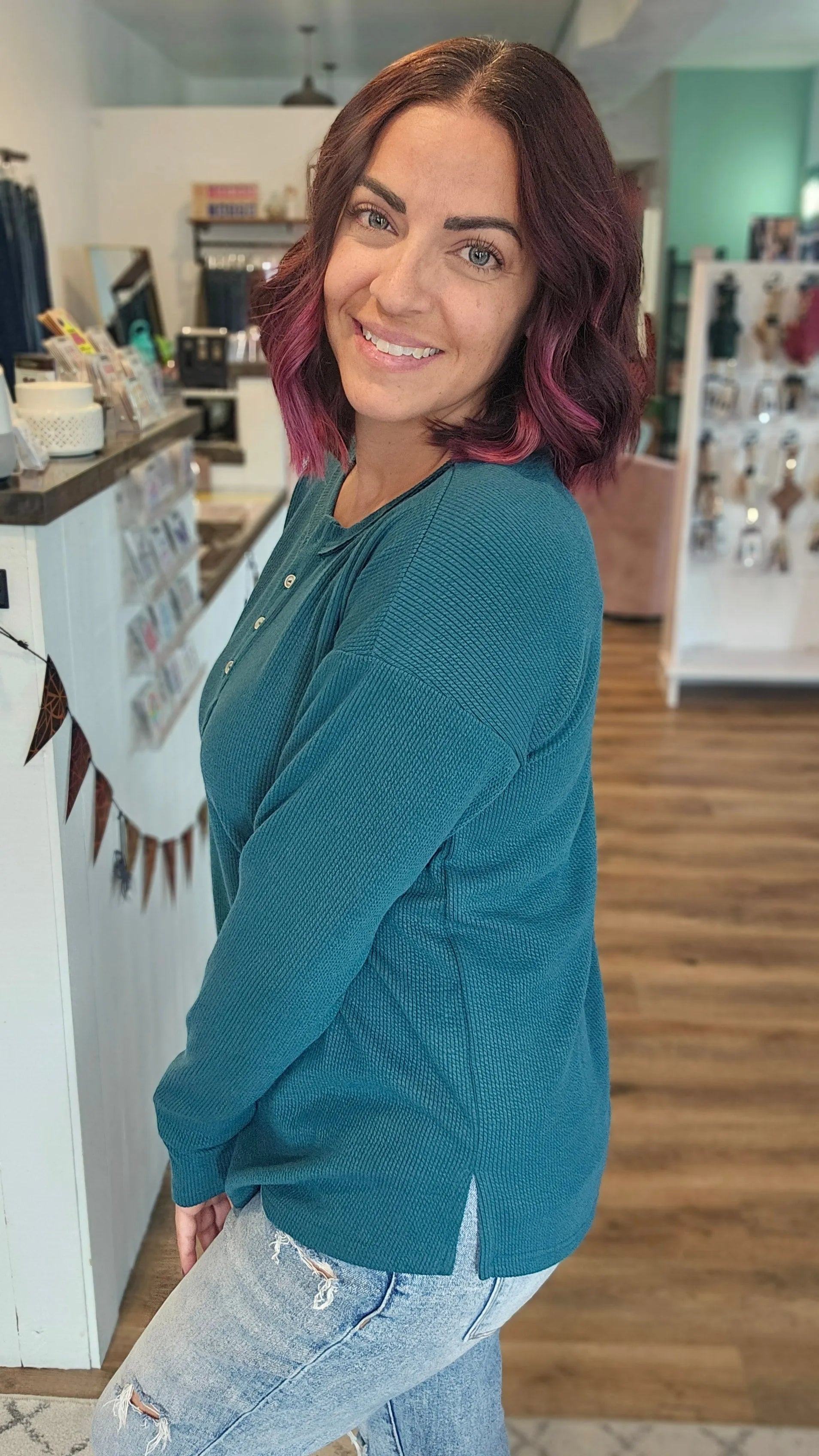 Shop Textured Henley Pullover Top - Deep Teal- at Ruby Joy Boutique, a Women's Clothing Store in Pickerington, Ohio