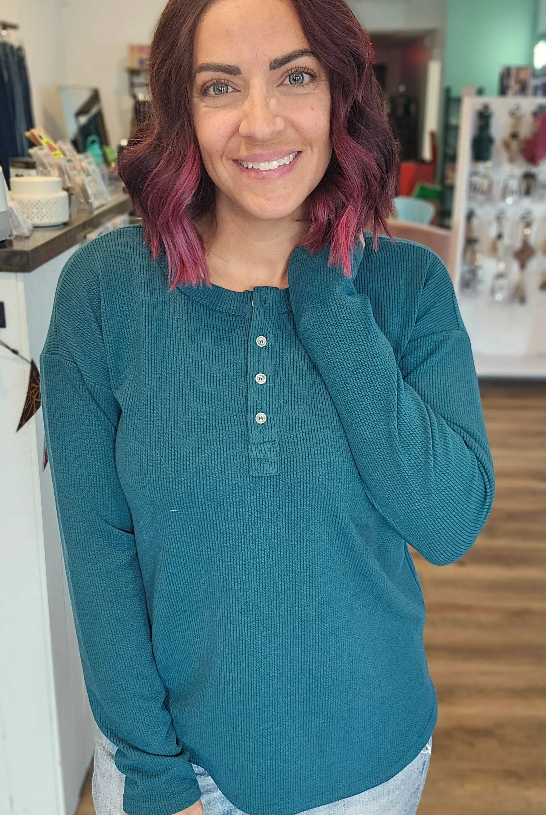 Shop Textured Henley Pullover Top - Deep Teal- at Ruby Joy Boutique, a Women's Clothing Store in Pickerington, Ohio