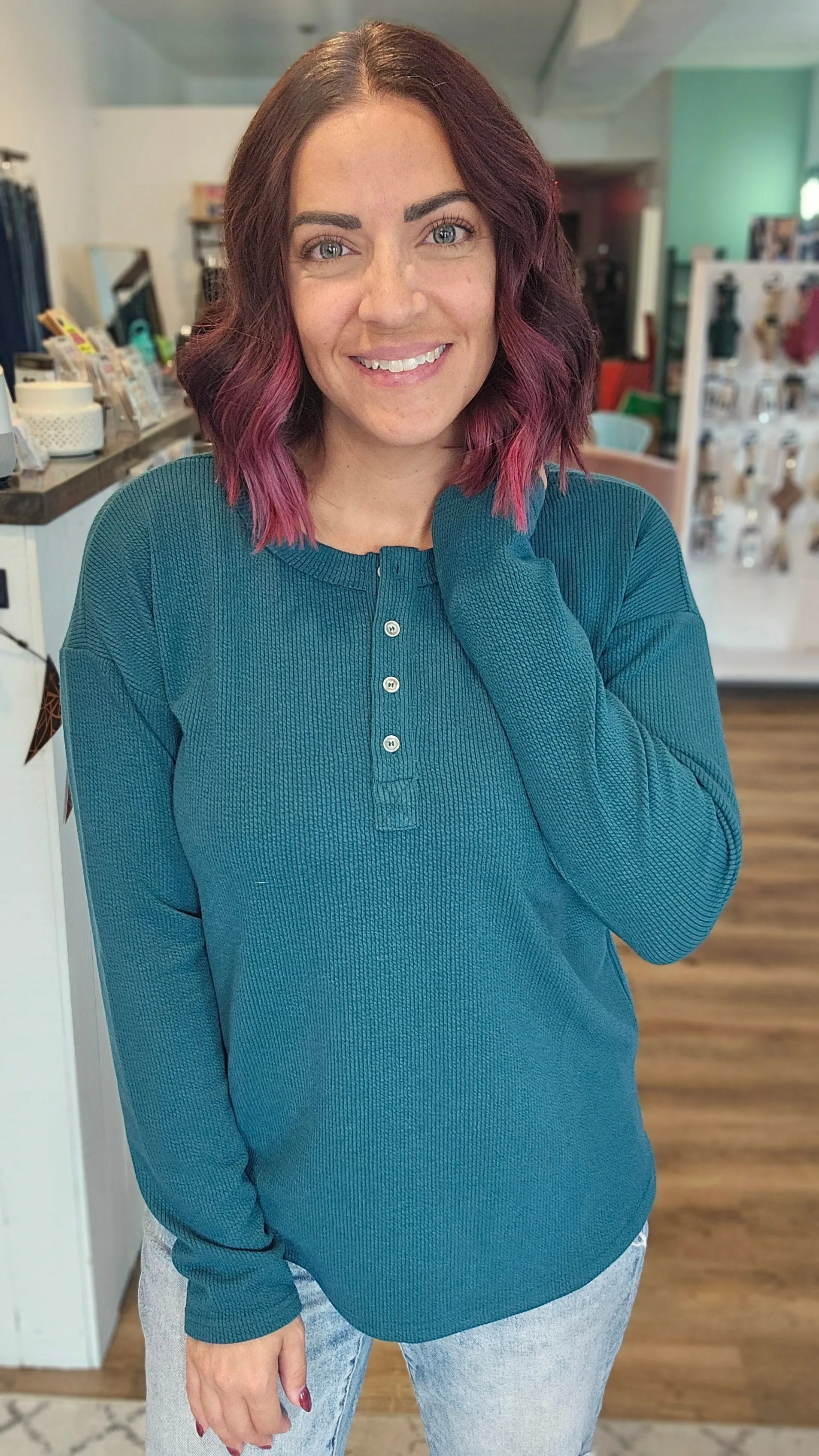 Shop Textured Henley Pullover Top - Deep Teal- at Ruby Joy Boutique, a Women's Clothing Store in Pickerington, Ohio