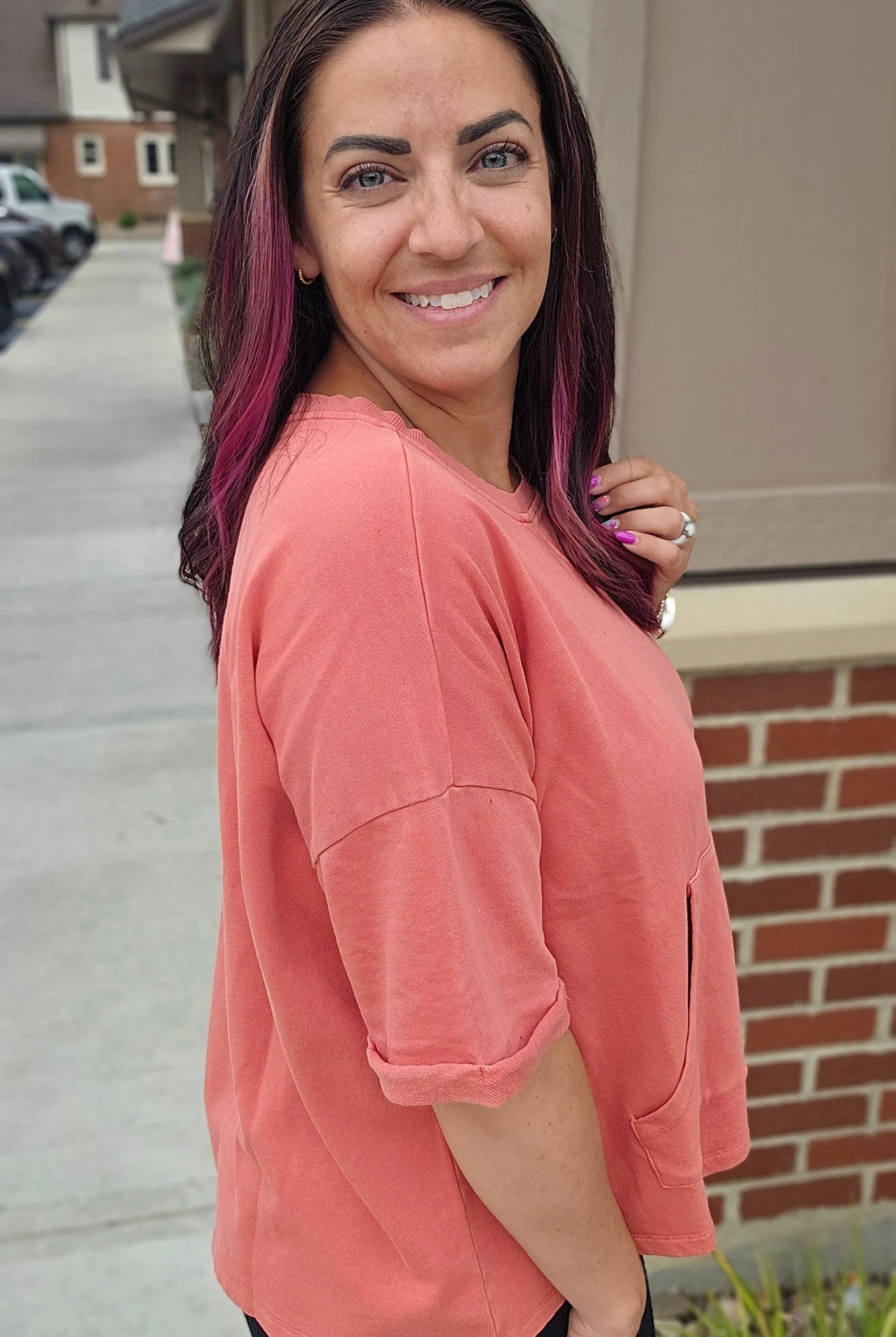 Shop The Weekend Pullover – Washed Coral- at Ruby Joy Boutique, a Women's Clothing Store in Pickerington, Ohio