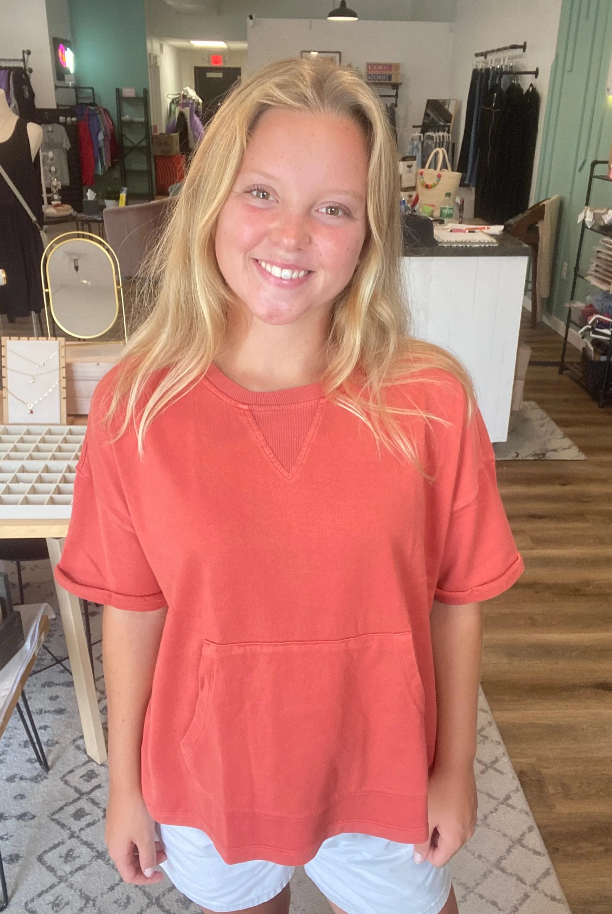 Shop The Weekend Pullover – Washed Coral- at Ruby Joy Boutique, a Women's Clothing Store in Pickerington, Ohio