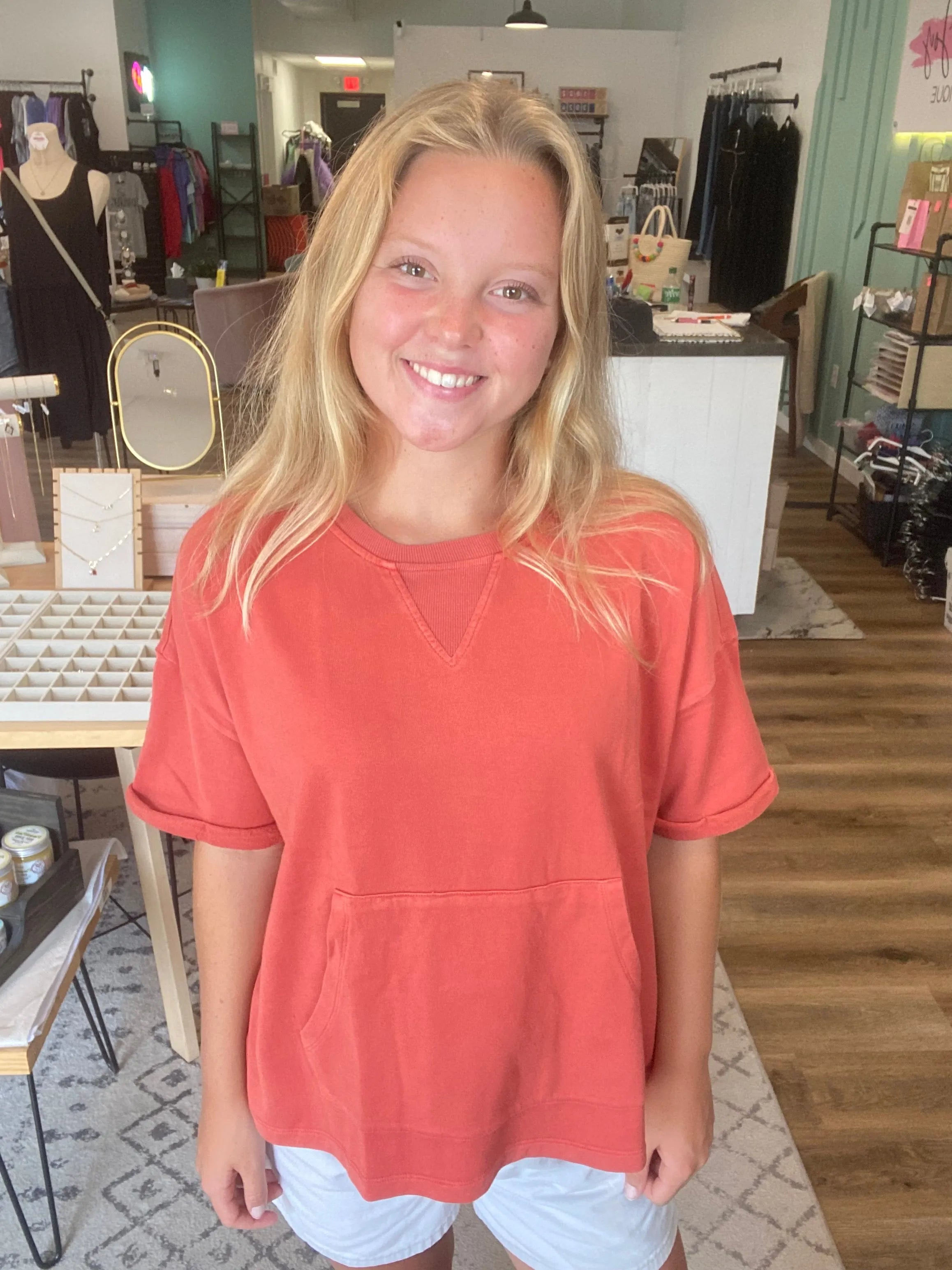 Shop The Weekend Pullover – Washed Coral- at Ruby Joy Boutique, a Women's Clothing Store in Pickerington, Ohio
