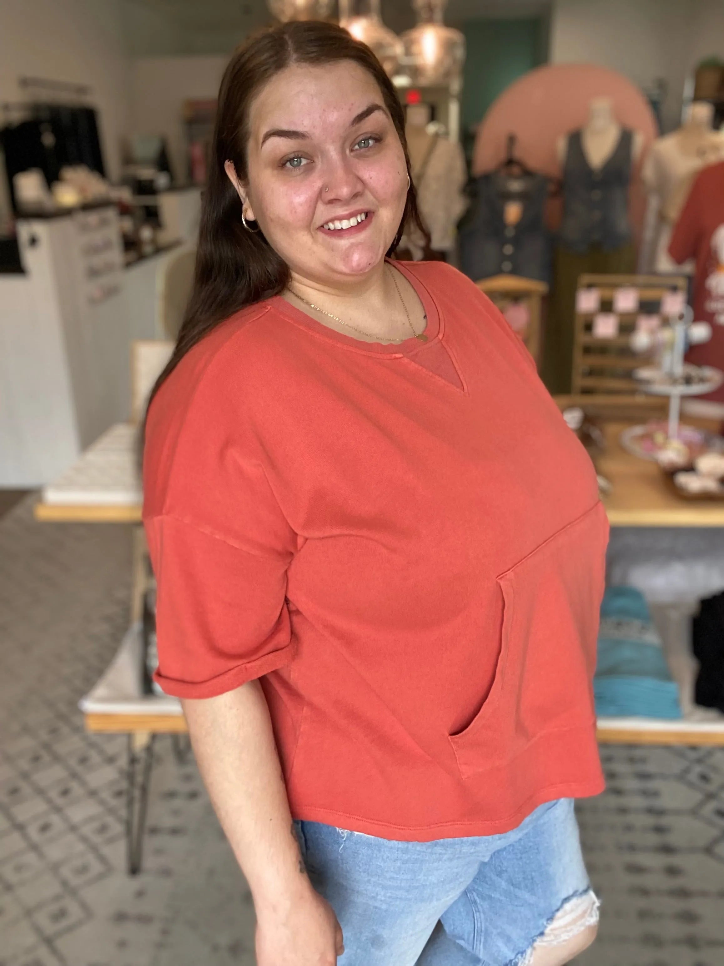 Shop The Weekend Pullover – Washed Coral- at Ruby Joy Boutique, a Women's Clothing Store in Pickerington, Ohio