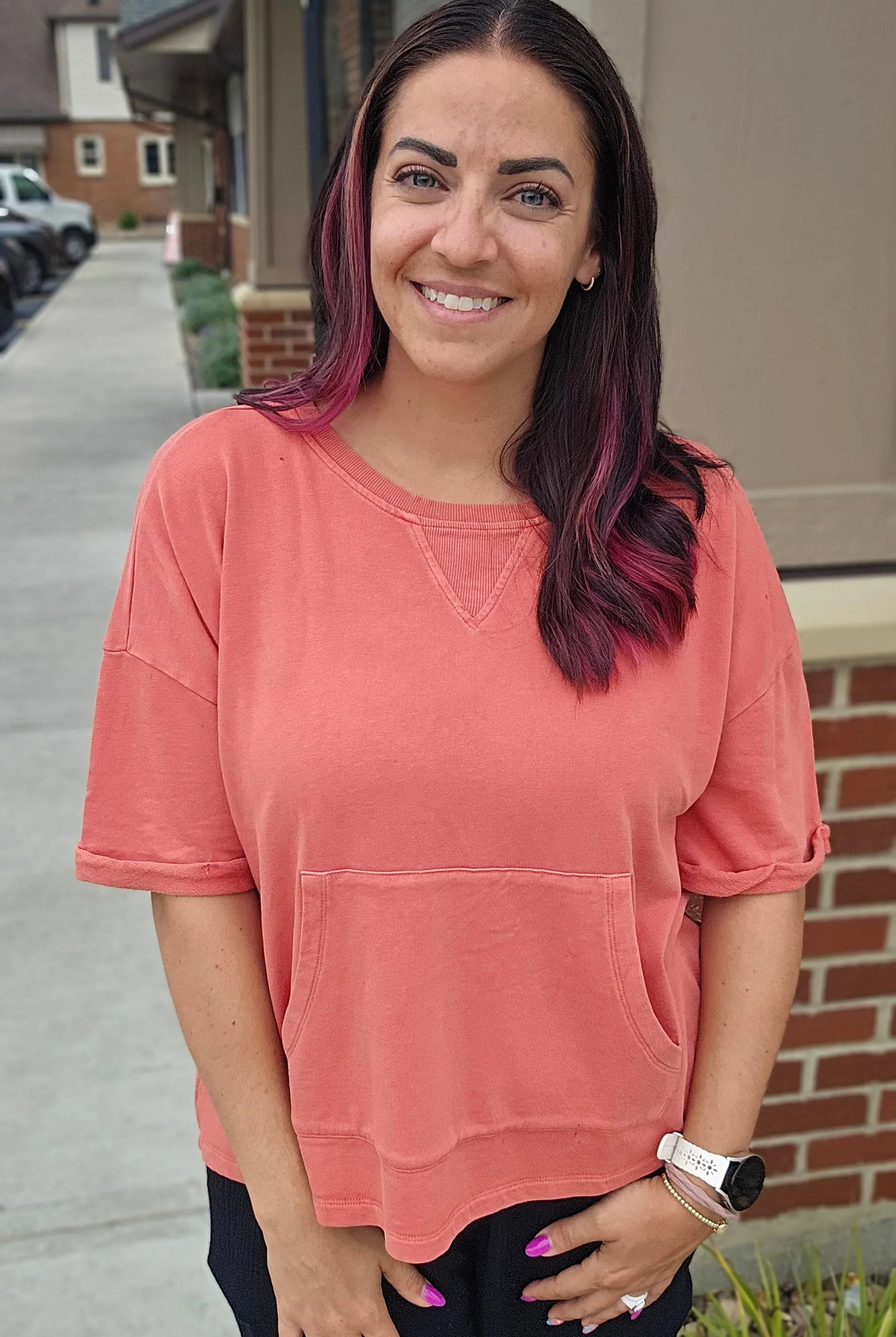 Shop The Weekend Pullover – Washed Coral- at Ruby Joy Boutique, a Women's Clothing Store in Pickerington, Ohio