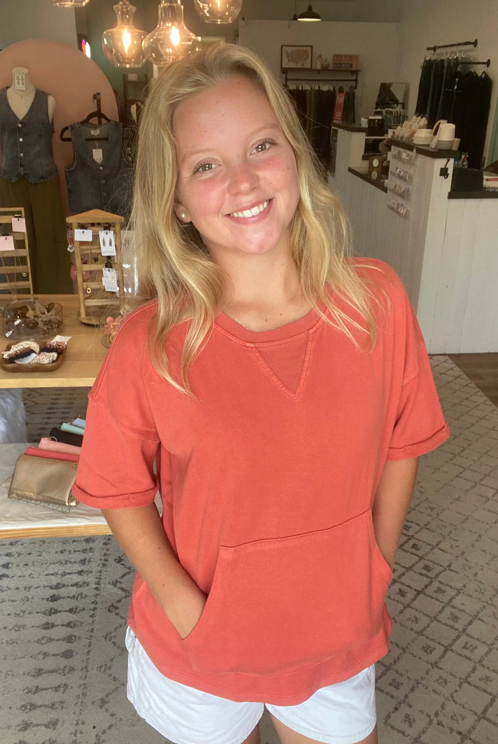 Shop The Weekend Pullover – Washed Coral- at Ruby Joy Boutique, a Women's Clothing Store in Pickerington, Ohio