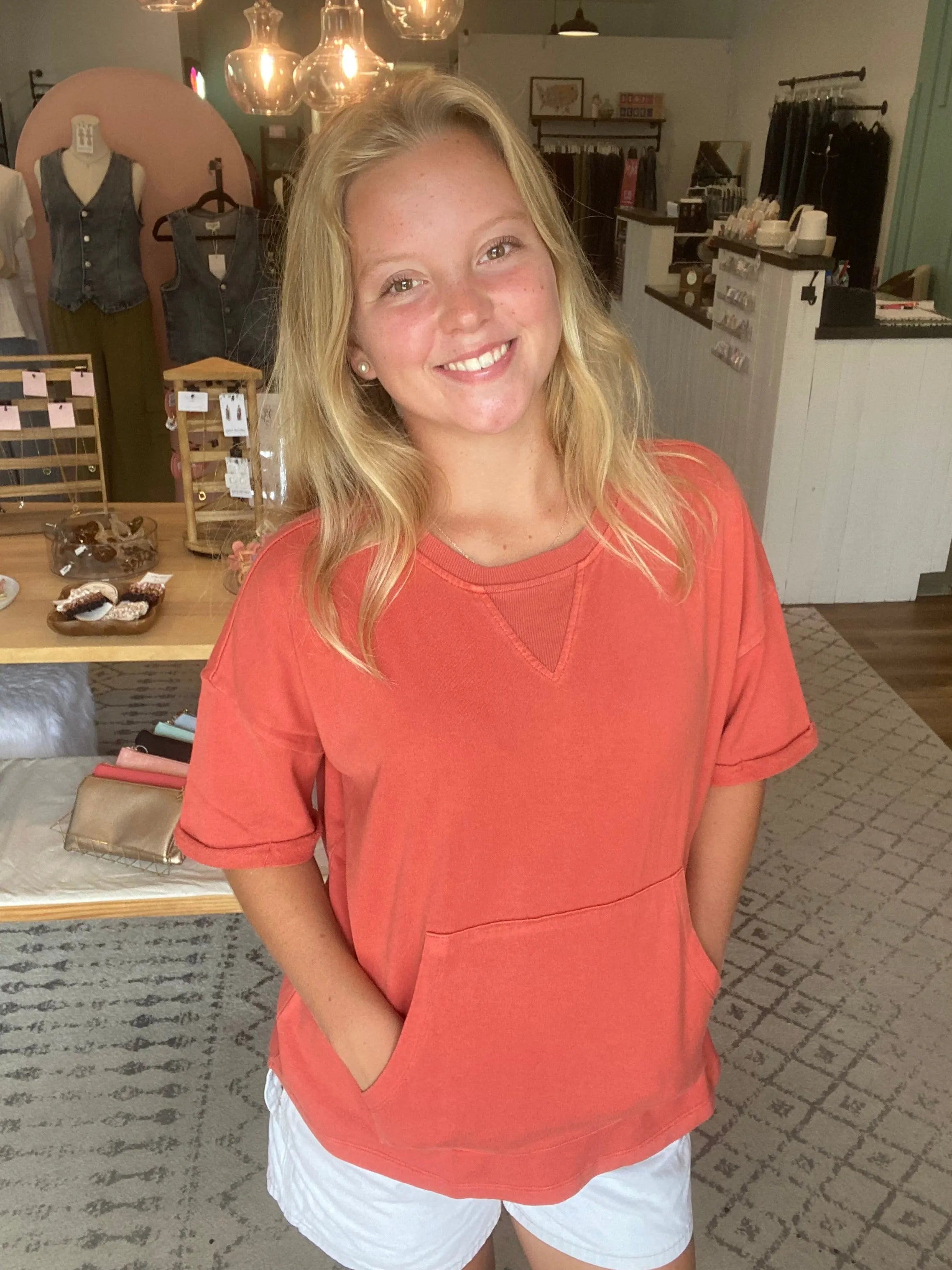 Shop The Weekend Pullover – Washed Coral- at Ruby Joy Boutique, a Women's Clothing Store in Pickerington, Ohio
