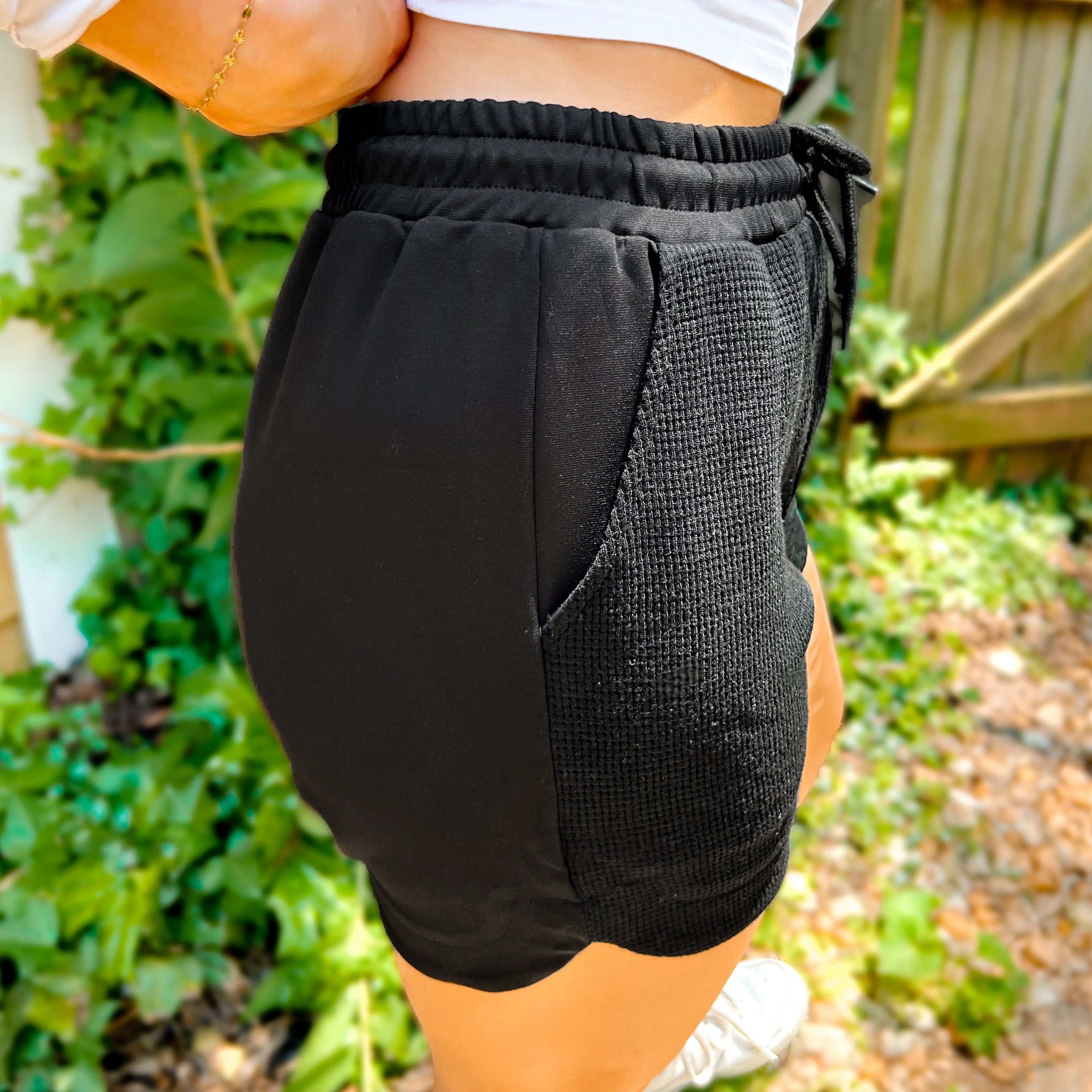 Shop Tia Two Tone Waffle Shorts-Black at Ruby Joy Boutique, a Women's Clothing Store in Pickerington, Ohio