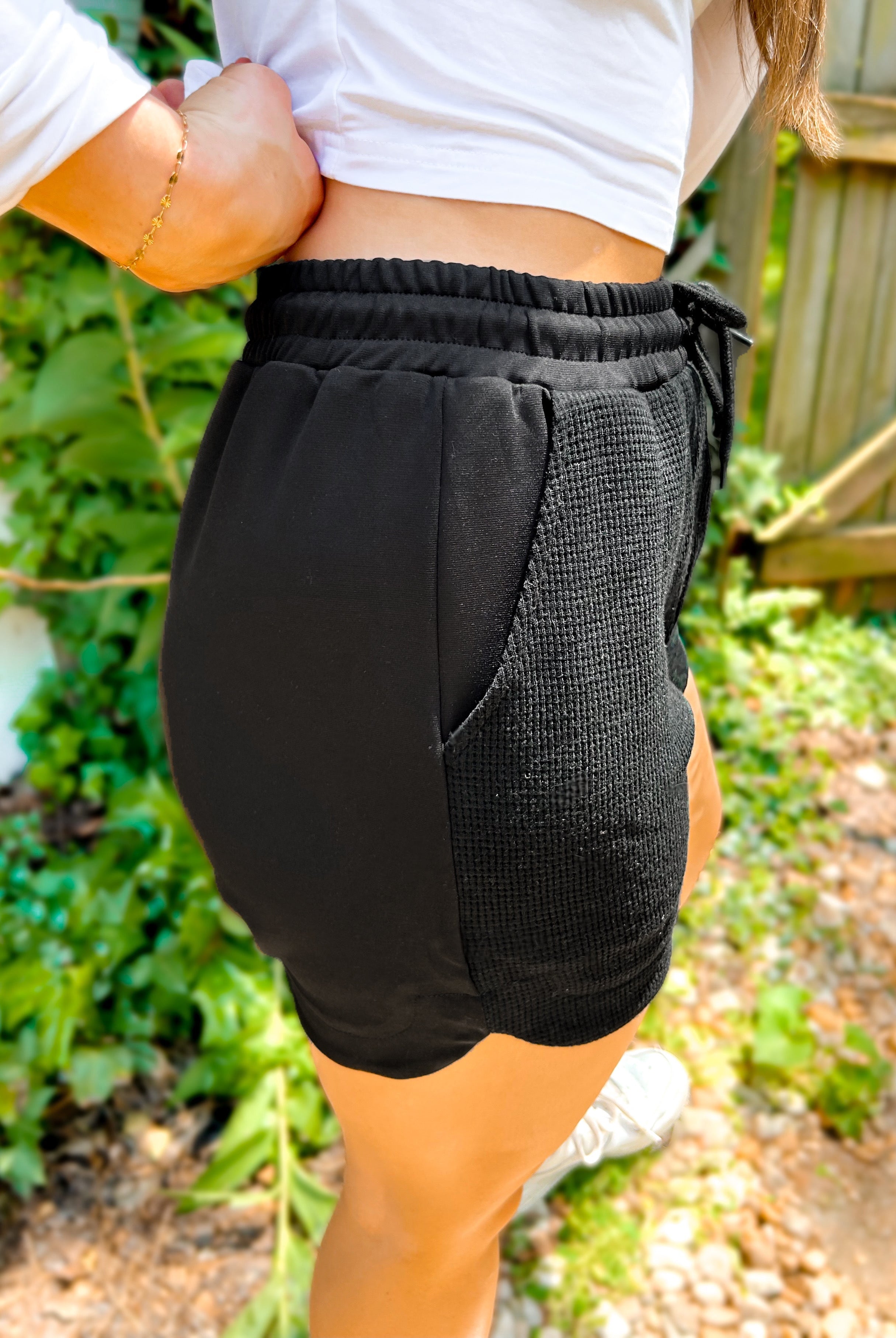 Shop Tia Two Tone Waffle Shorts-Black at Ruby Joy Boutique, a Women's Clothing Store in Pickerington, Ohio